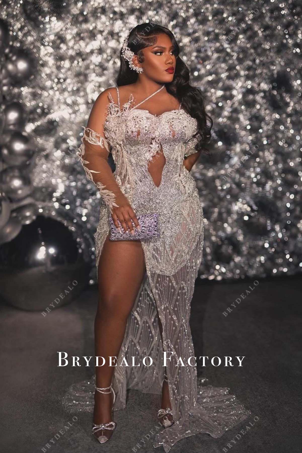 rhinestones slit sheer prom dress