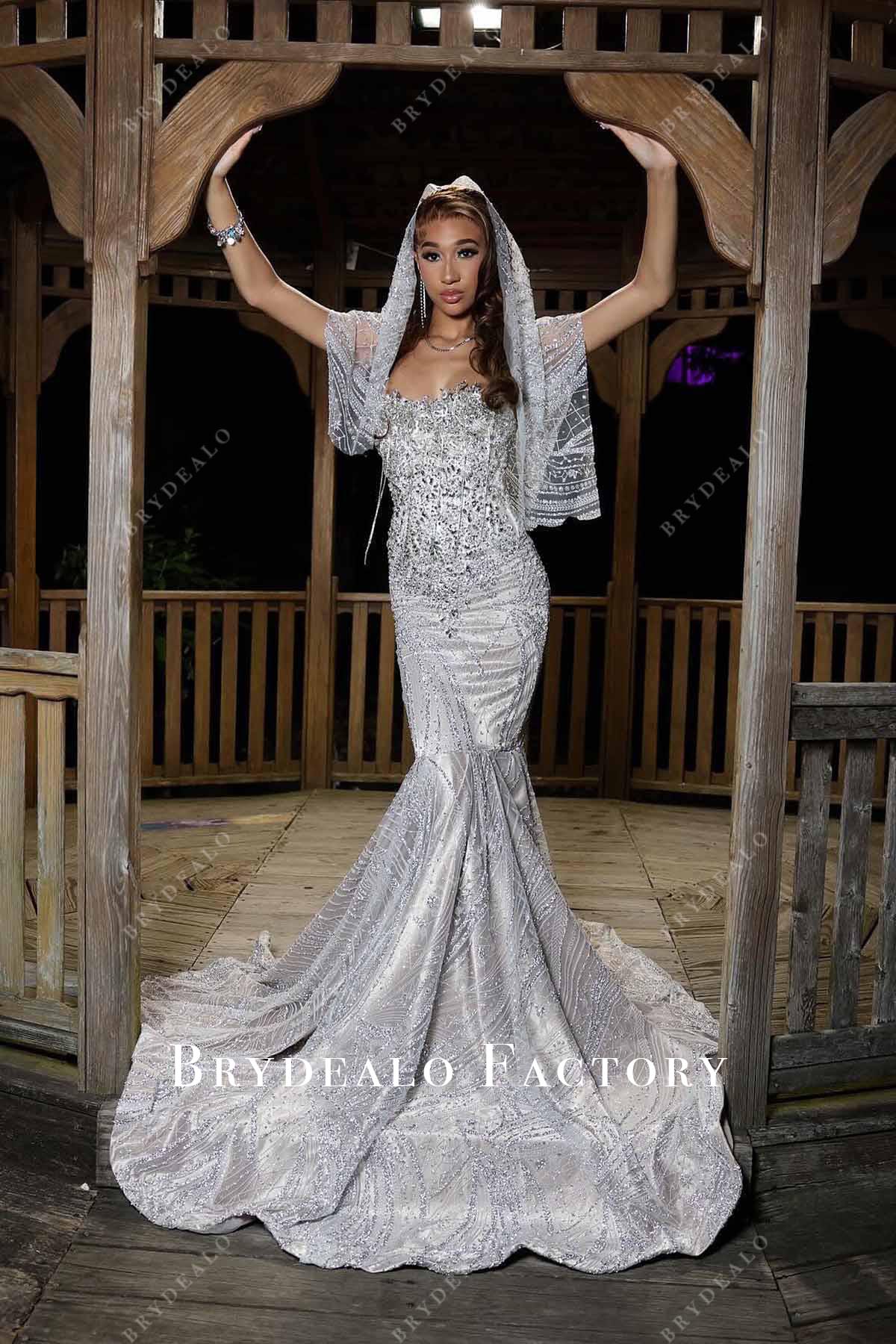 rhinestones strapless trumpet prom dress