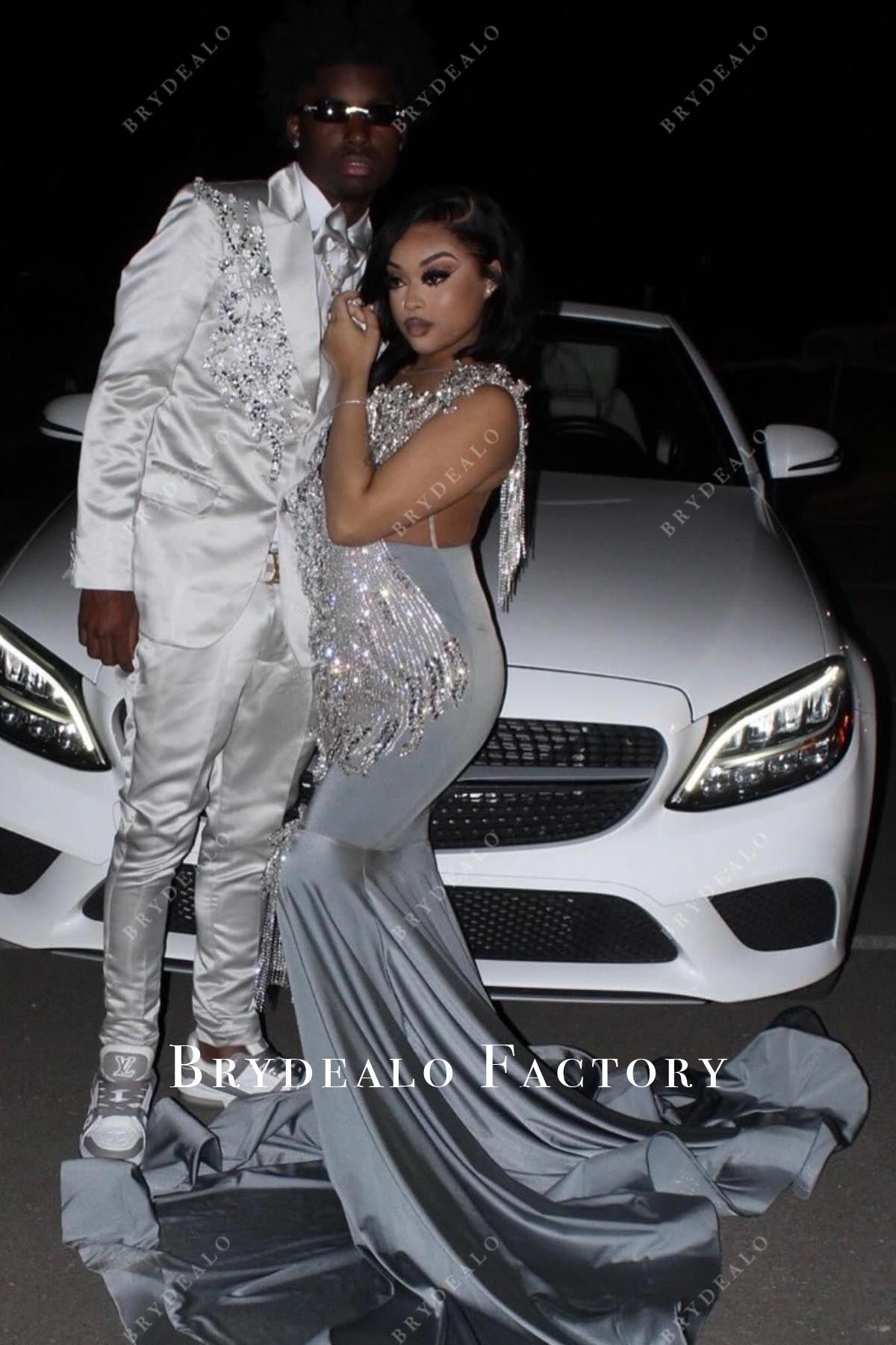 rhinestones tassels trumpet prom dress