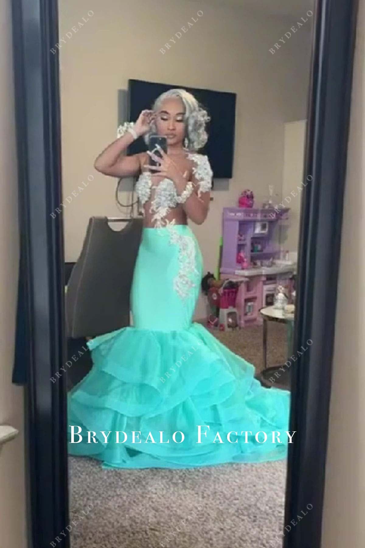 prom turquoise dress Rhinestones Turquoise Tiered Trumpet Prom Dress