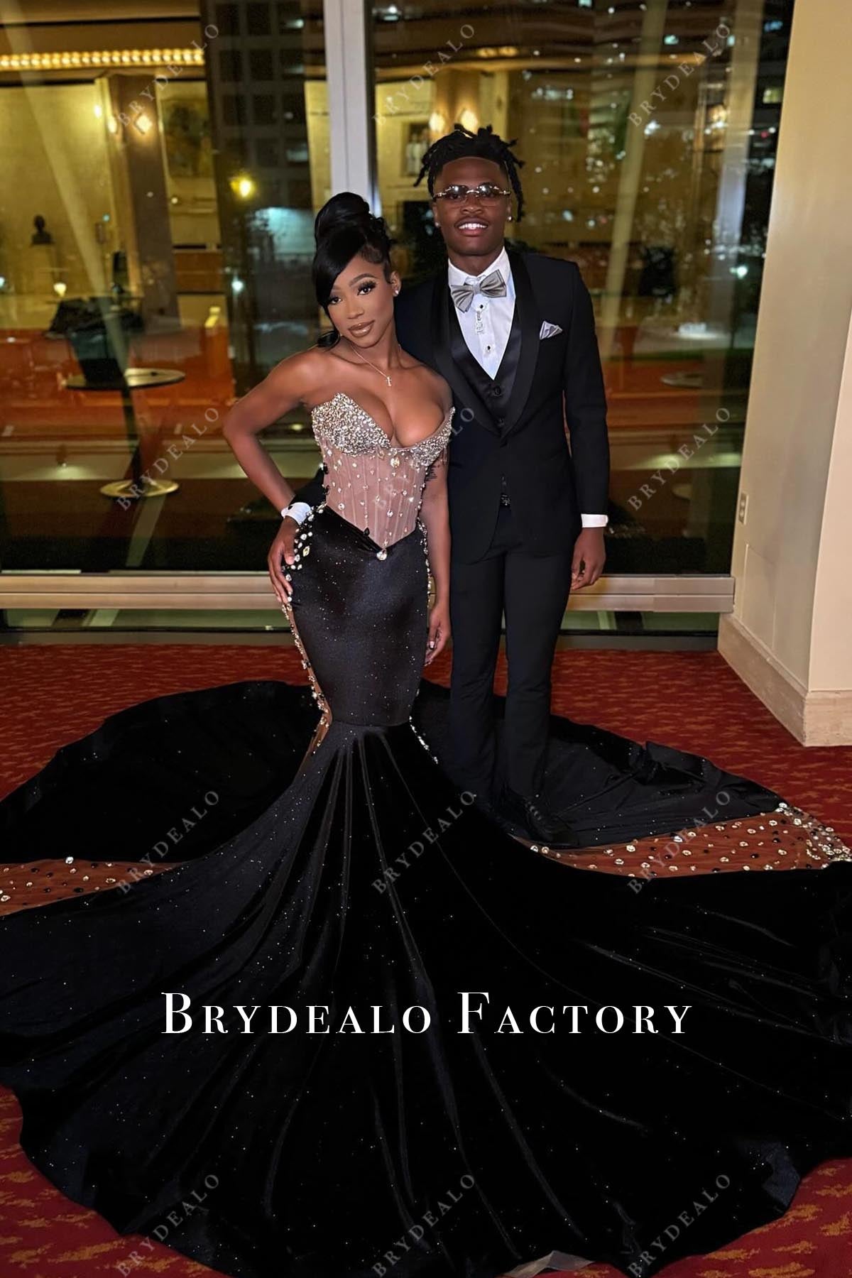 rhinestones v neck trumpet prom dress