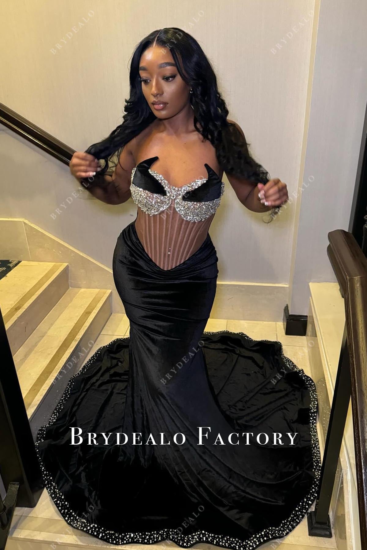 rhinestones velvet trumpet prom dress