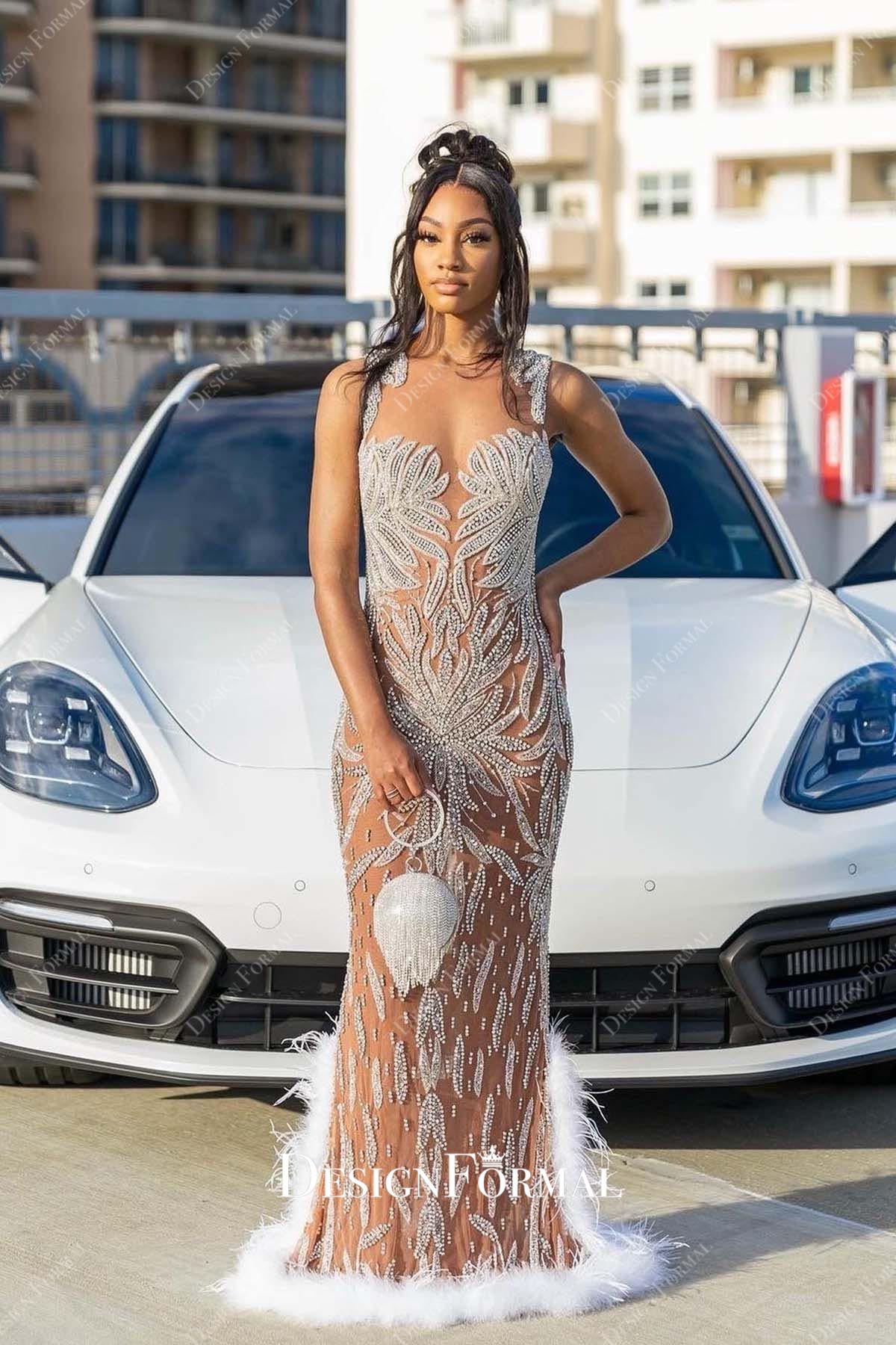 rhinestones warm beige fit flare prom dress