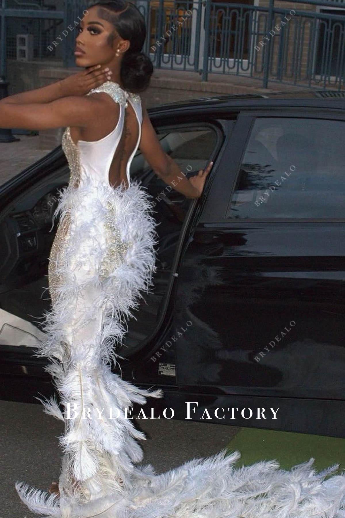 rhinestones white feathered long train prom dress
