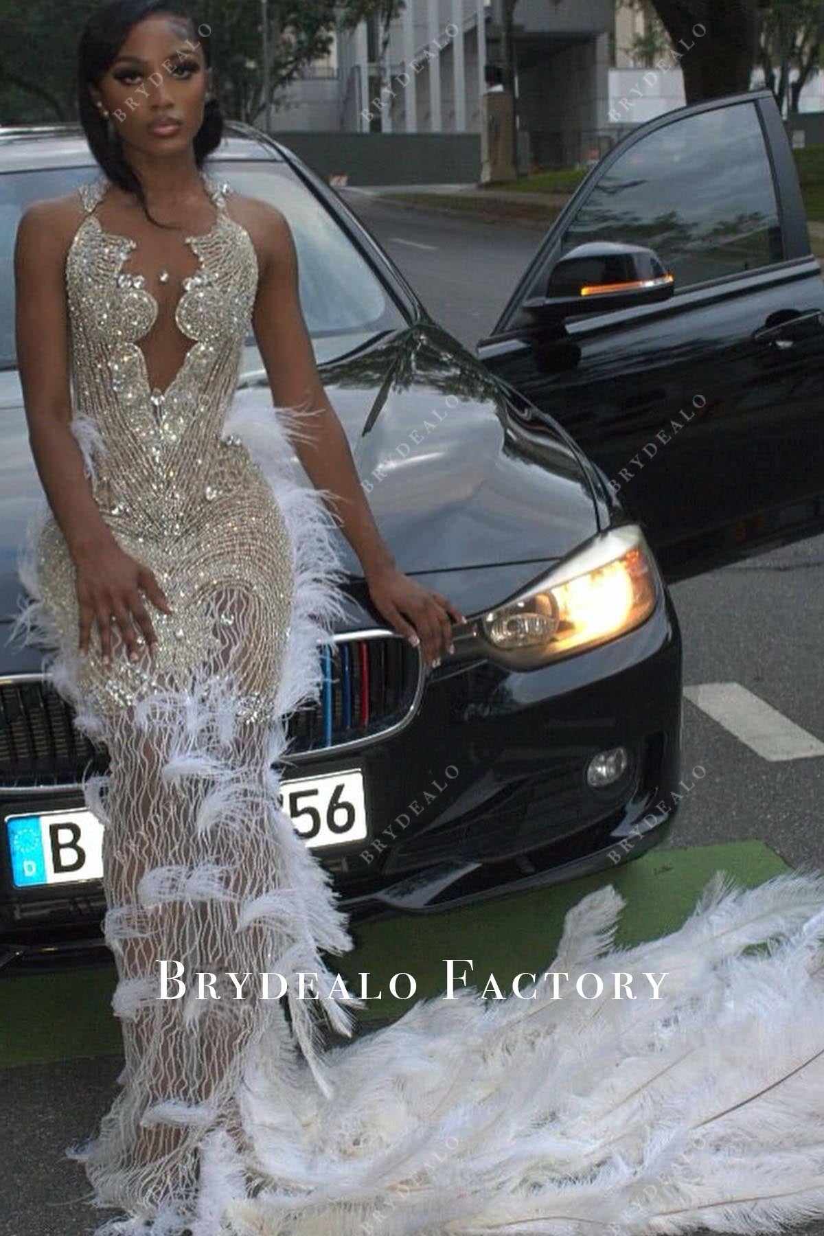 rhinestones white feathered prom dress