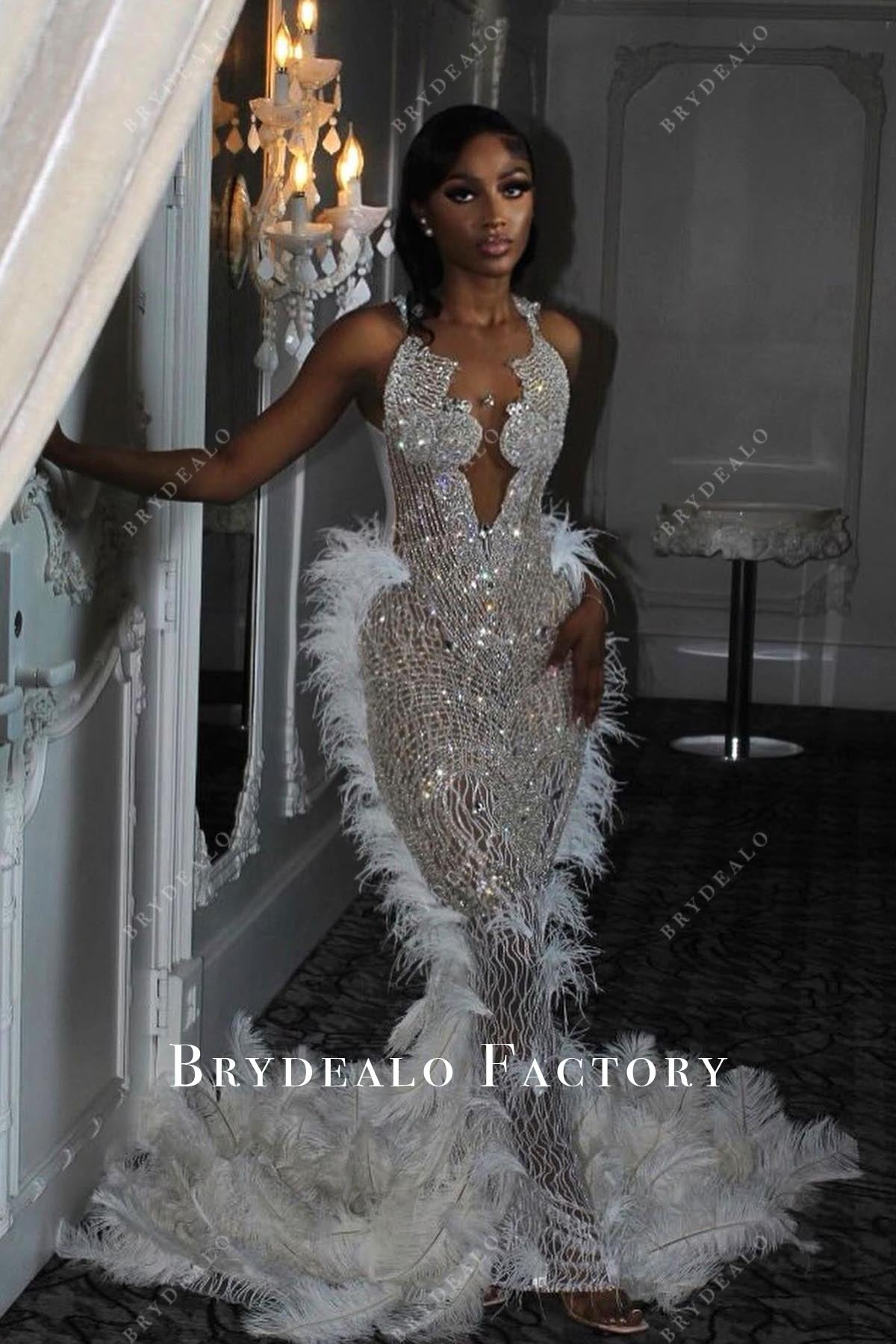 Prom Dress Rhinestones White Feather Trumpet Long Train Formal Gown