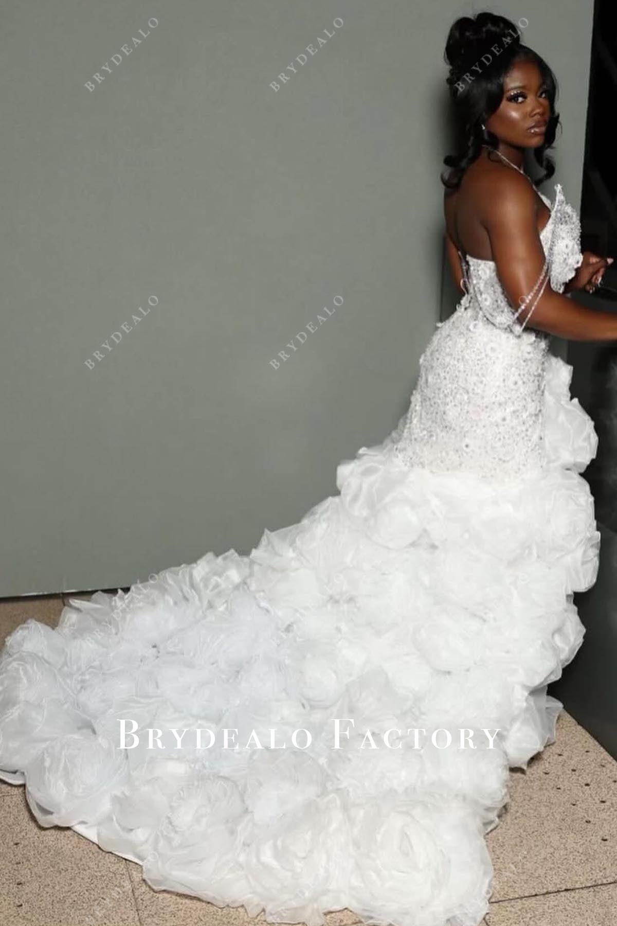 rhinestones white long train prom dress