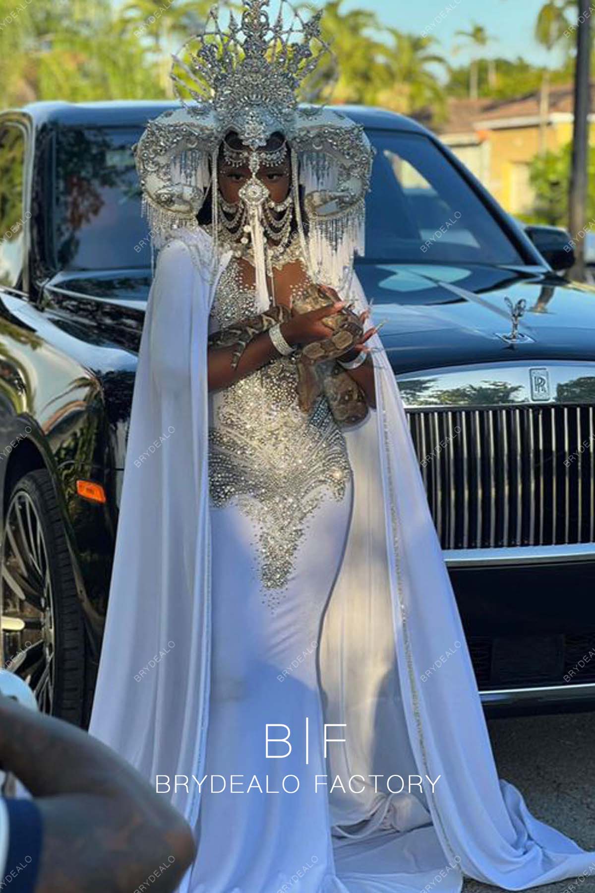 Sparkly Rhinestones White Jersey Prom Dress with Cape
