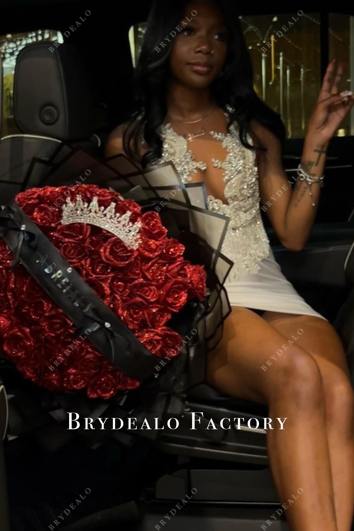 rhinestones white sleeveless mini prom dress