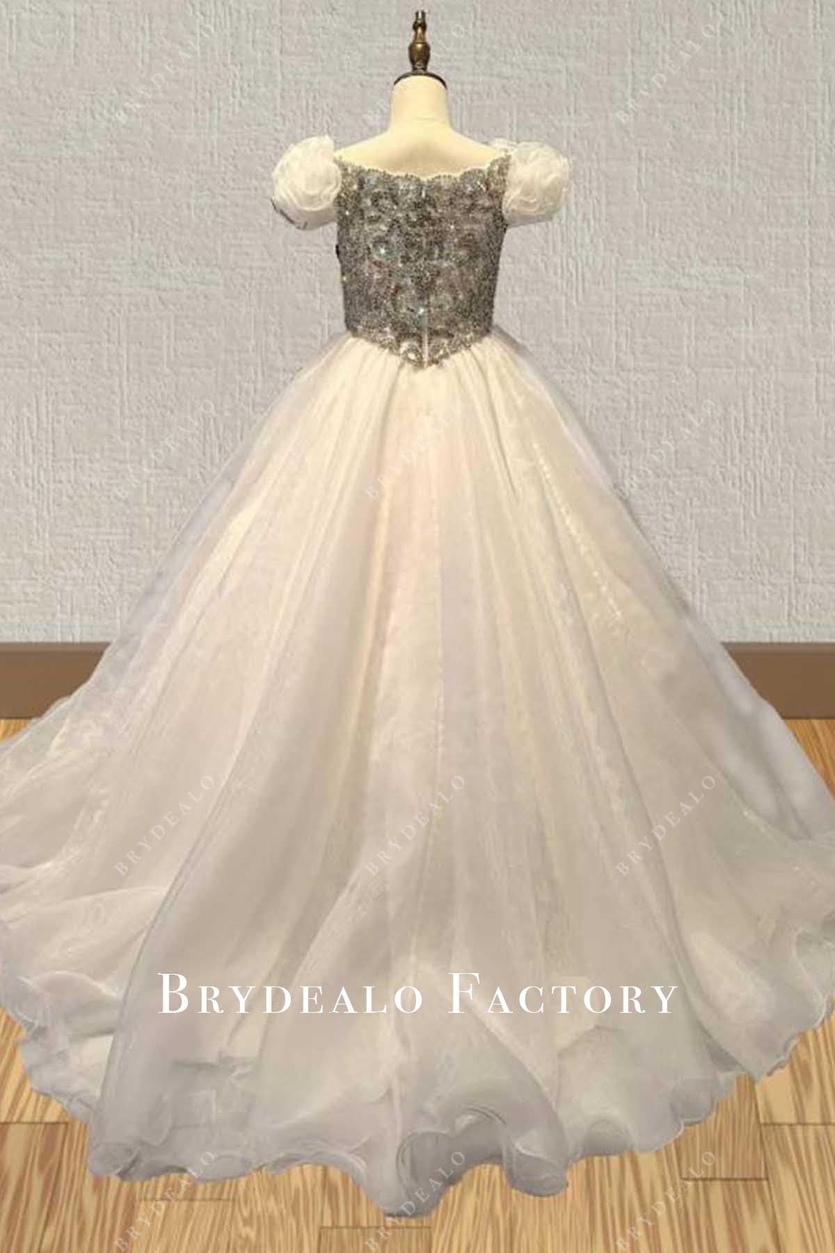 rhinestones white sweep train pageant dress