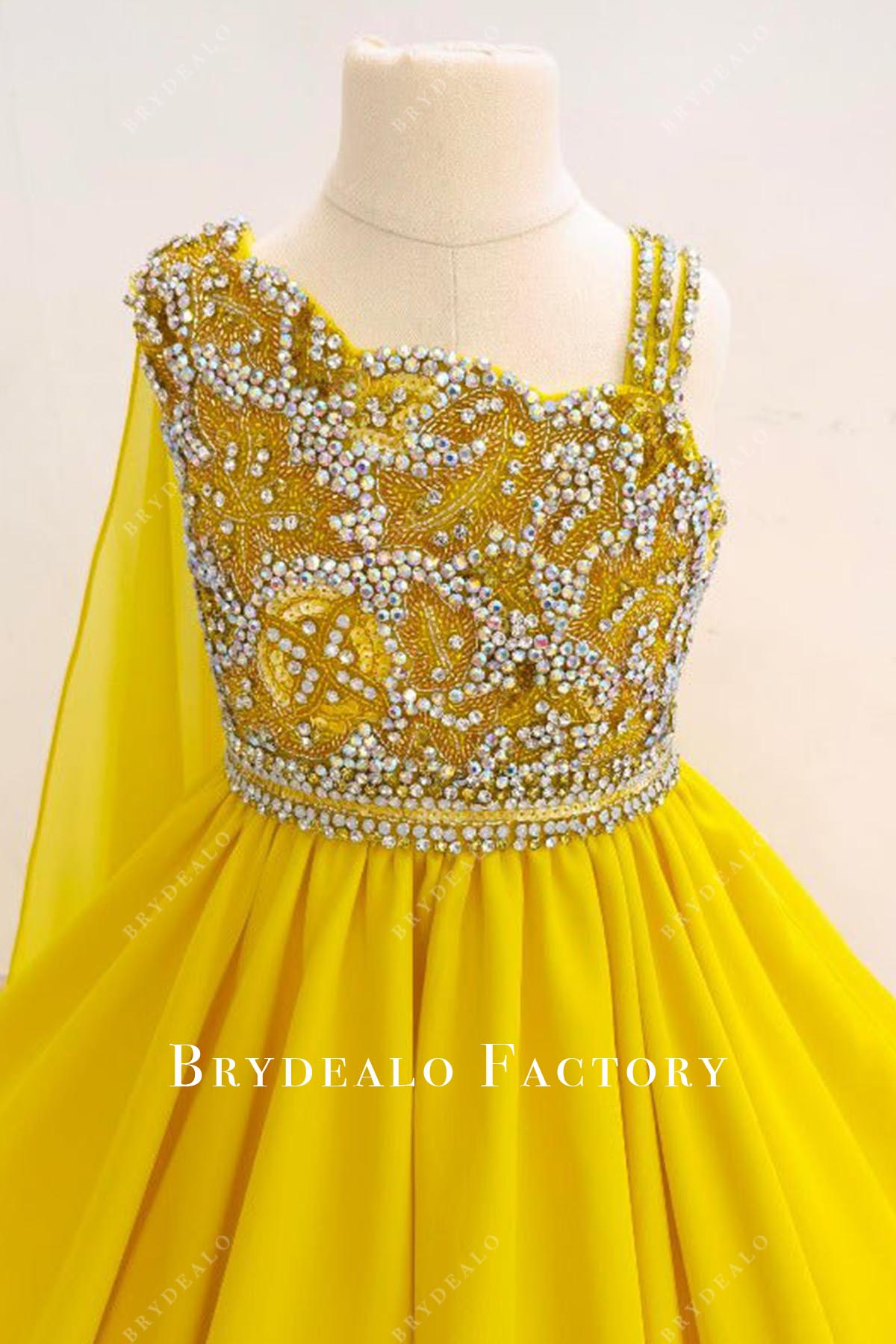 rhinestones yellow asymmetrical pageant dress