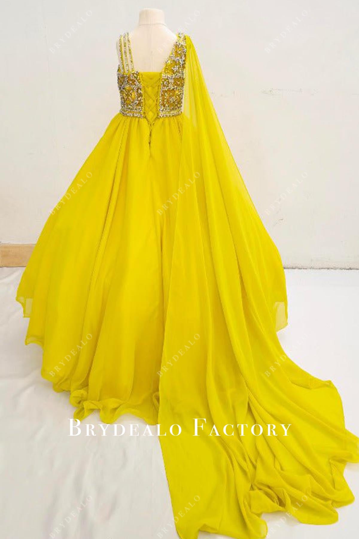 rhinestones yellow cape pageant dress