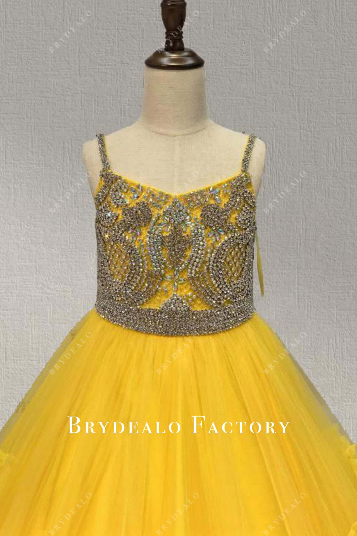 rhinestones yellow organza pageant gown