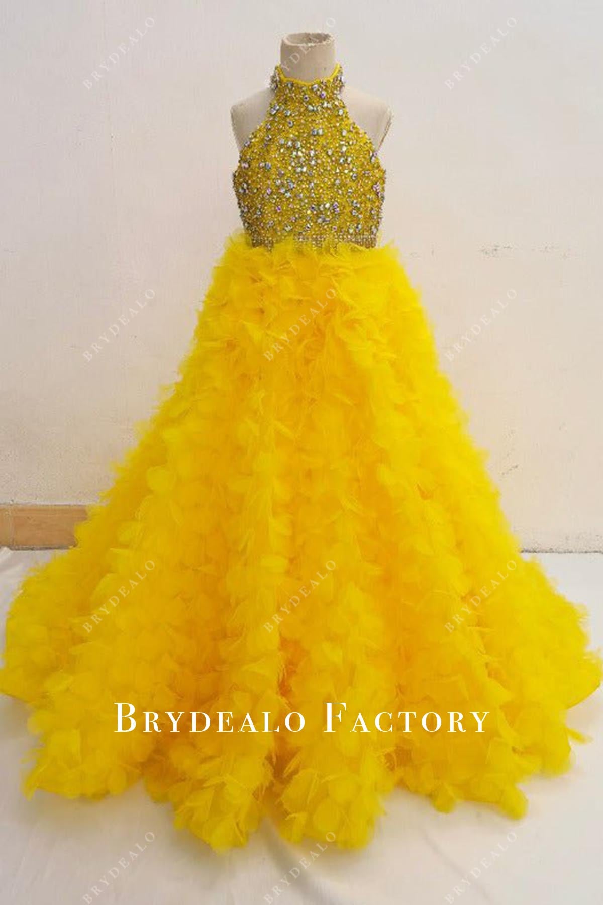 rhinestones yellow pageant dress