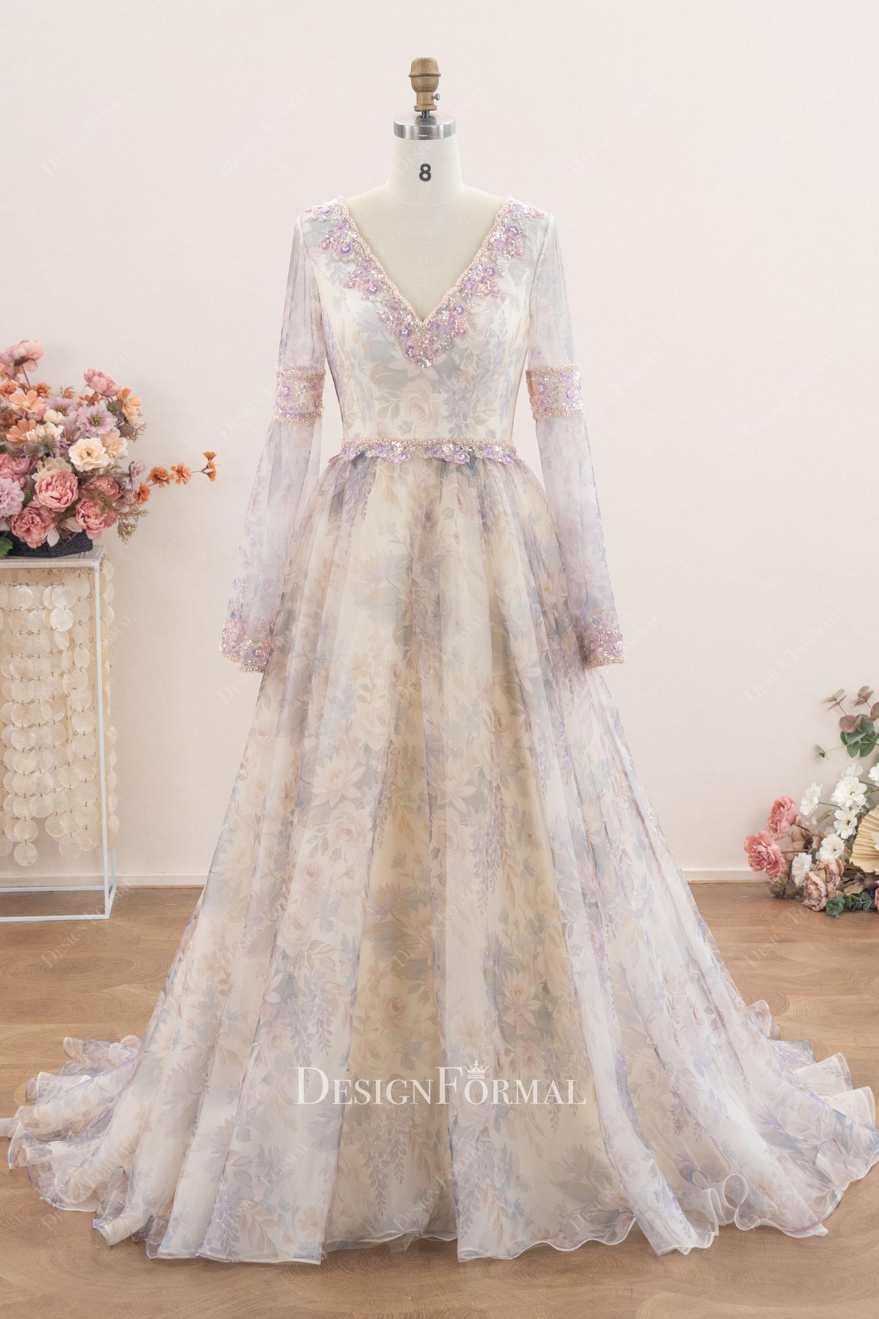 romantic floral print a line wedding dress
