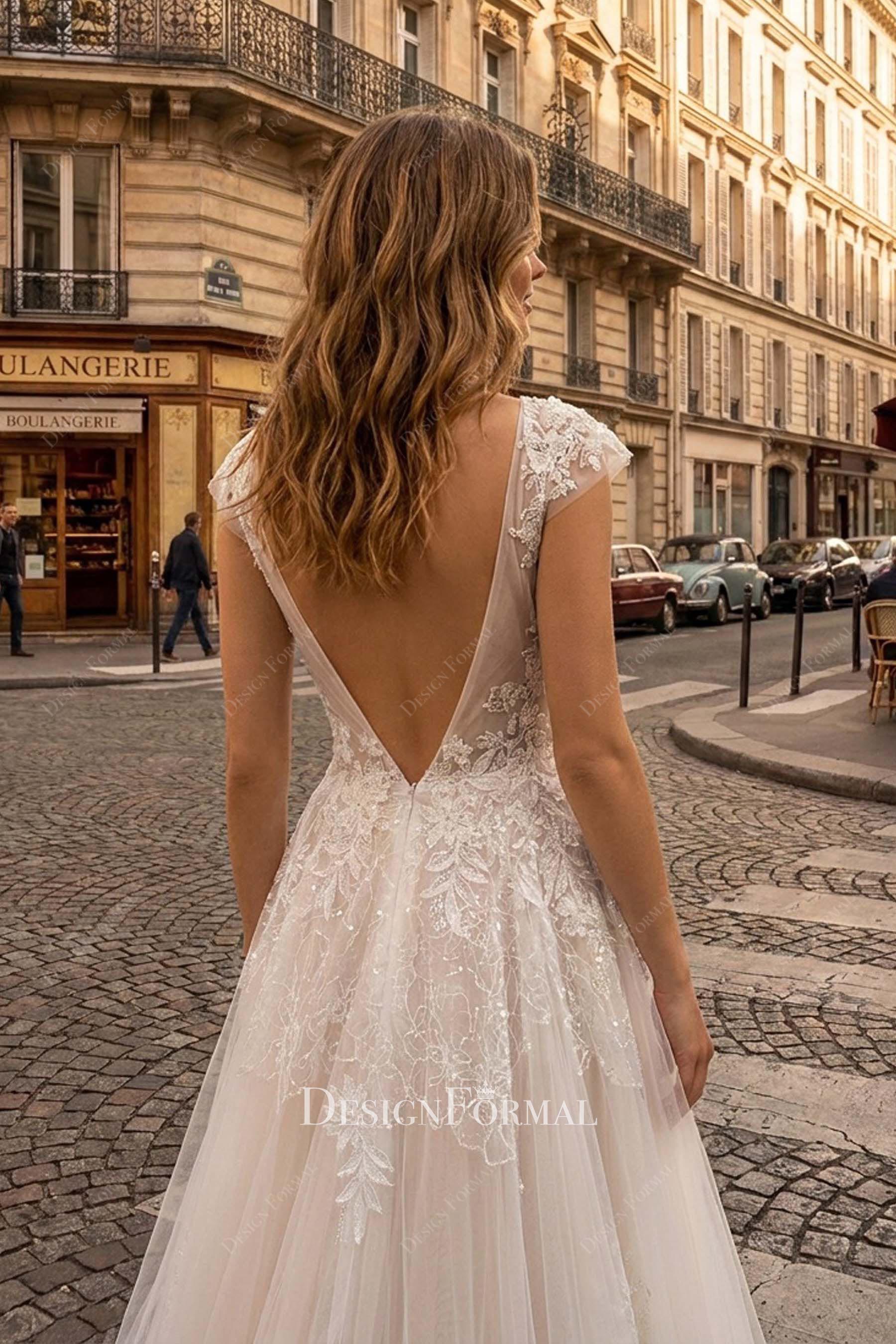 romantic lace cap sleeve wedding dress