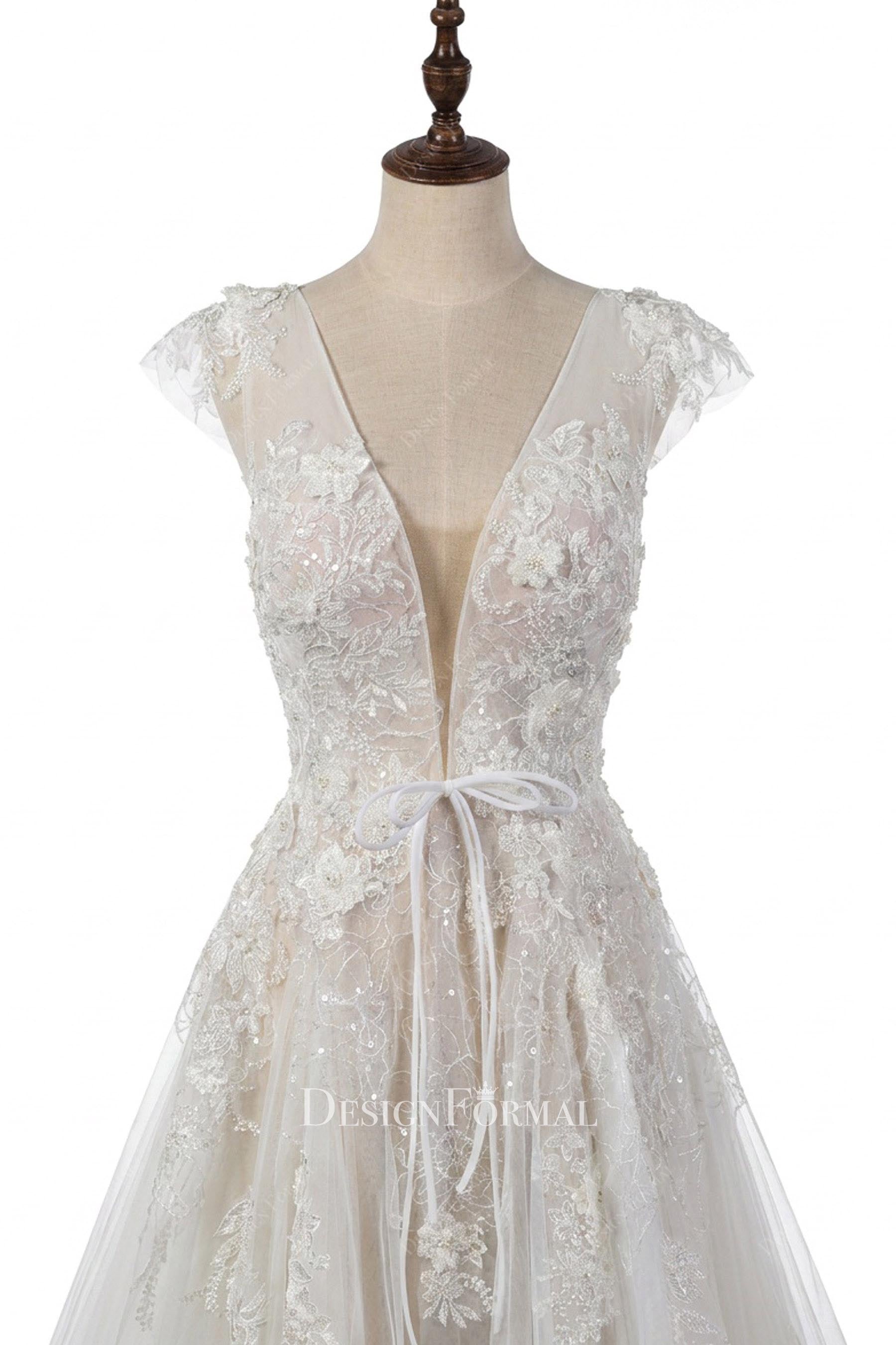 romantic lace plunging neck wedding dress