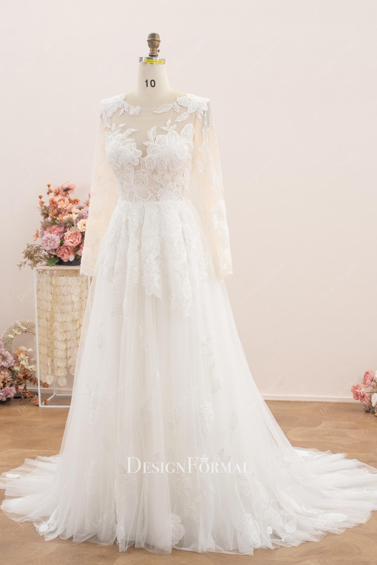 romantic organic lace illusion neck wedding dress