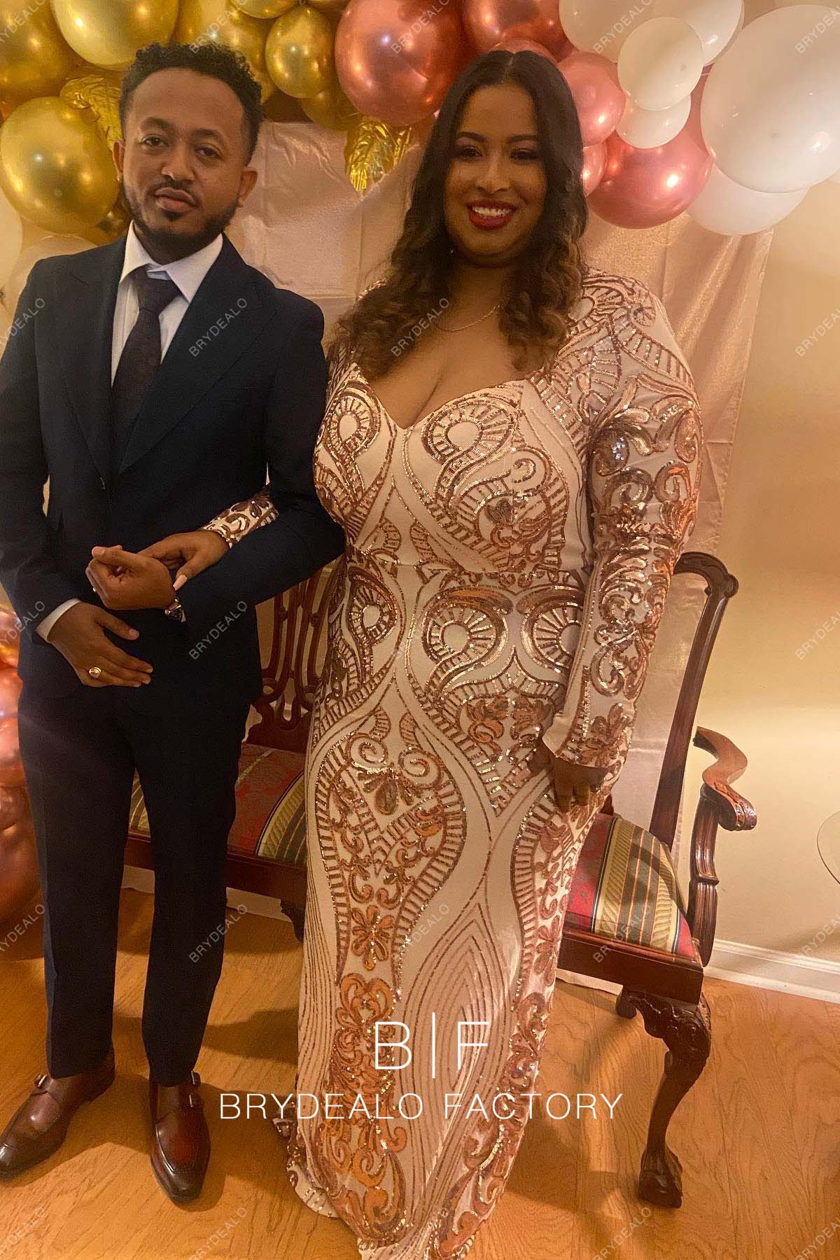 Champagne Gold Sequin Plus Size Plunging Neck Sheath Prom Dress Champagne Gold Sequin Plus Size Plunging Neck Sheath Prom Dress