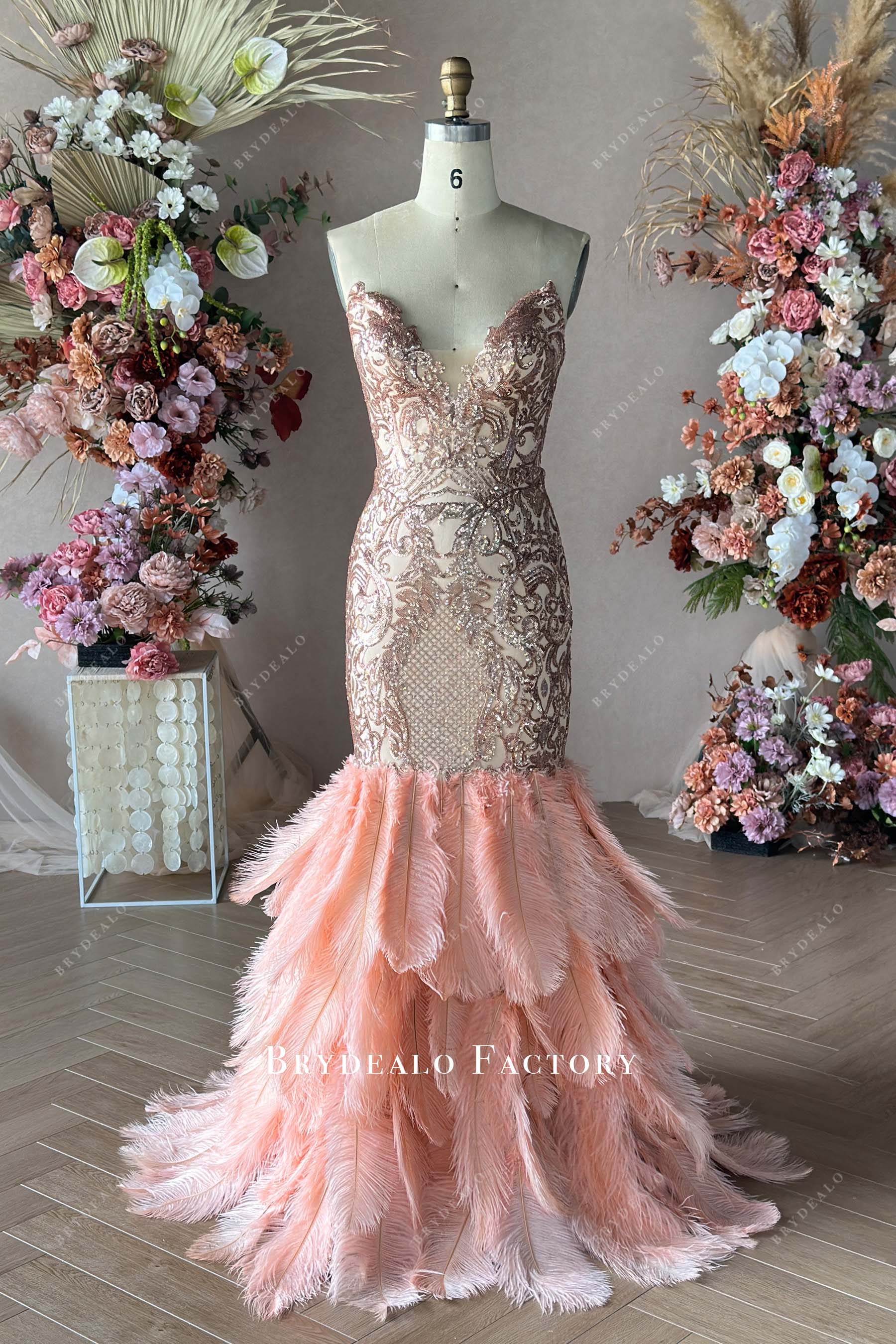 Rose Gold Embroidery Sequin Big Feather Mermaid Prom Dress