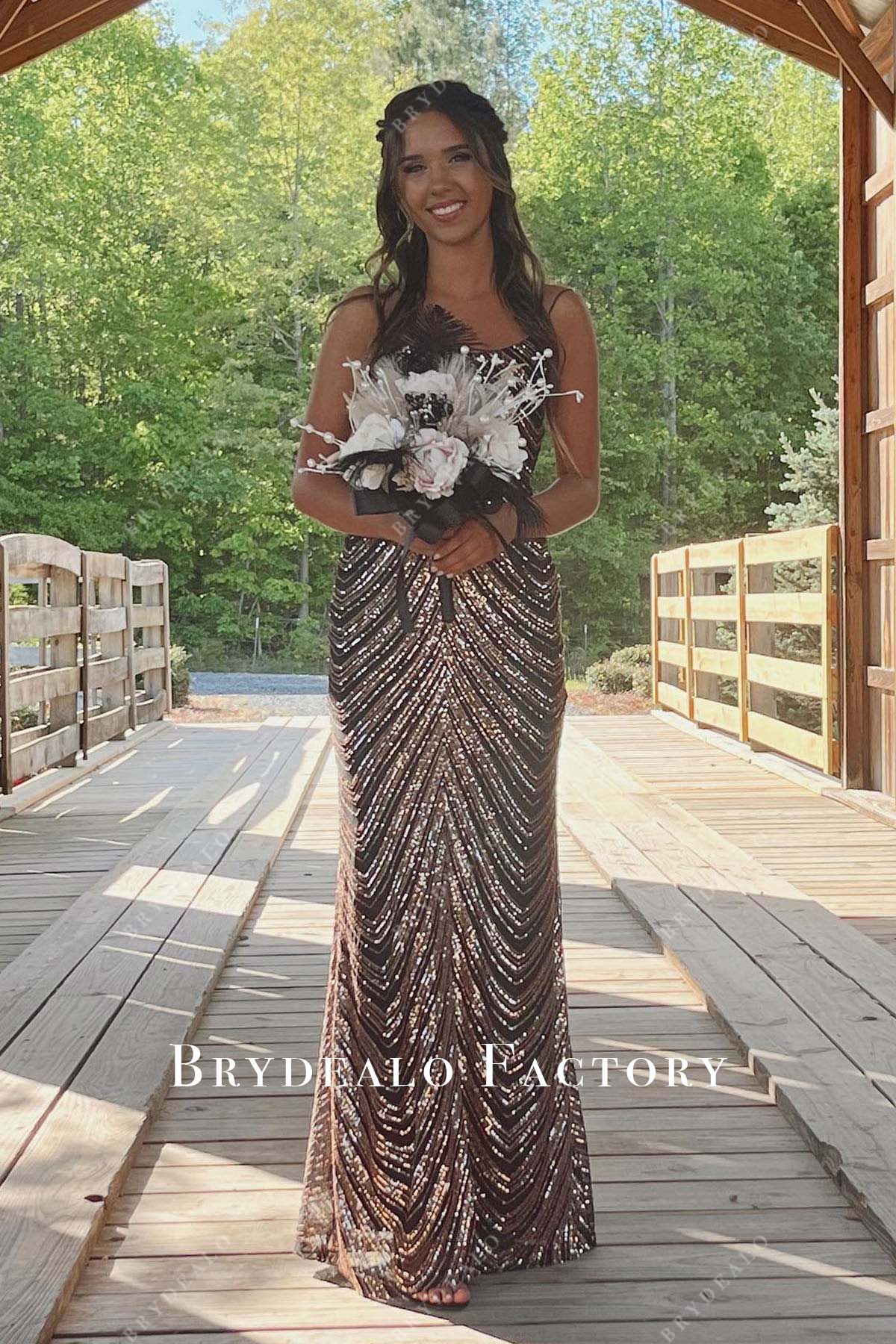 Rose Gold Sequined Fit and Flare Floor Length Prom Dress