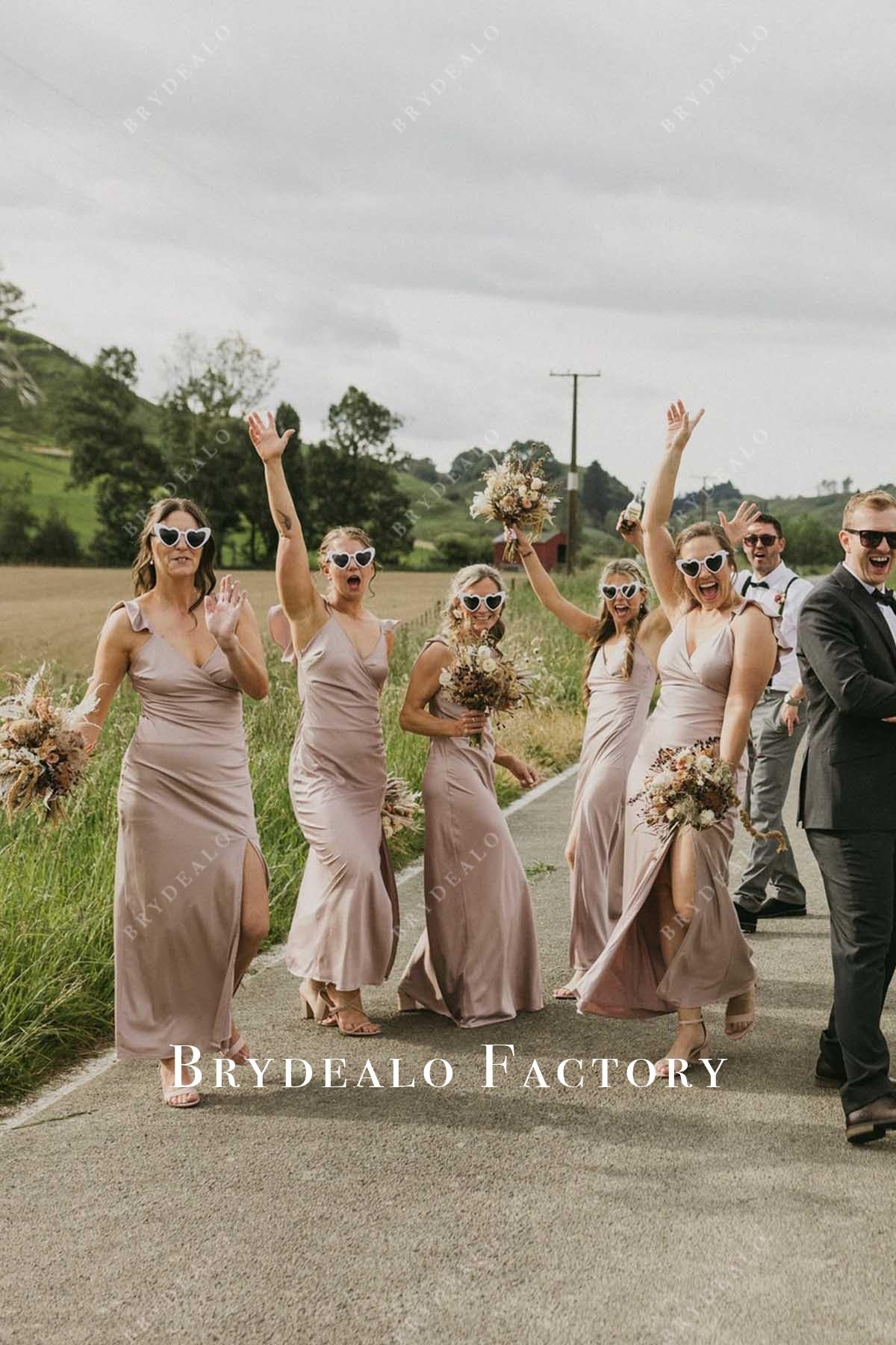 rose gold v neck slit bridesmaid dress