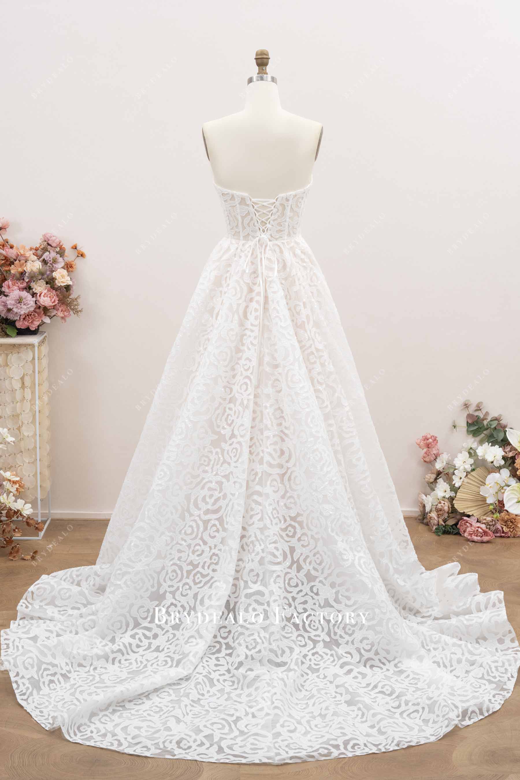 rose lace court train wedding dress
