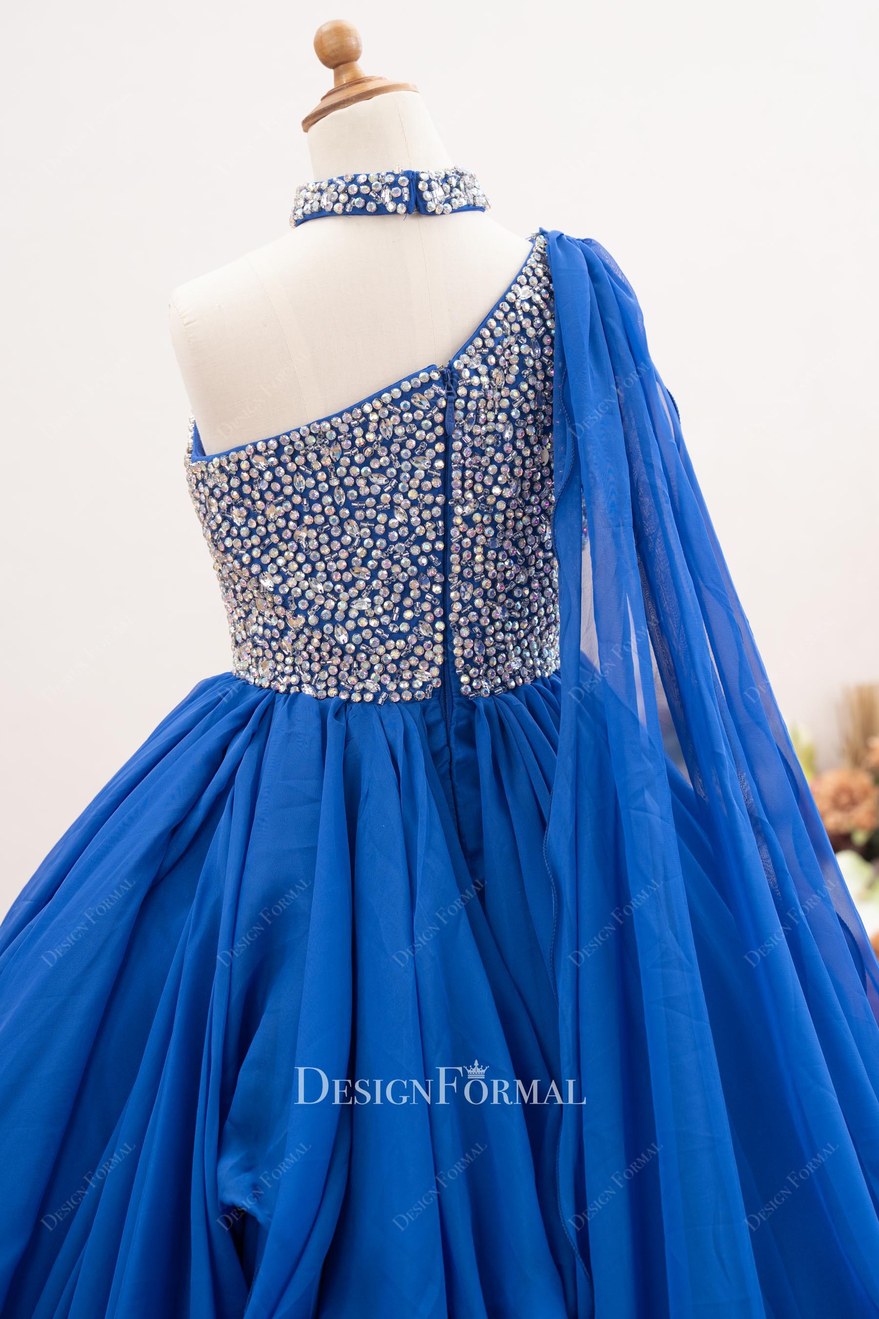 royal blue asymmetrical back pageant dress