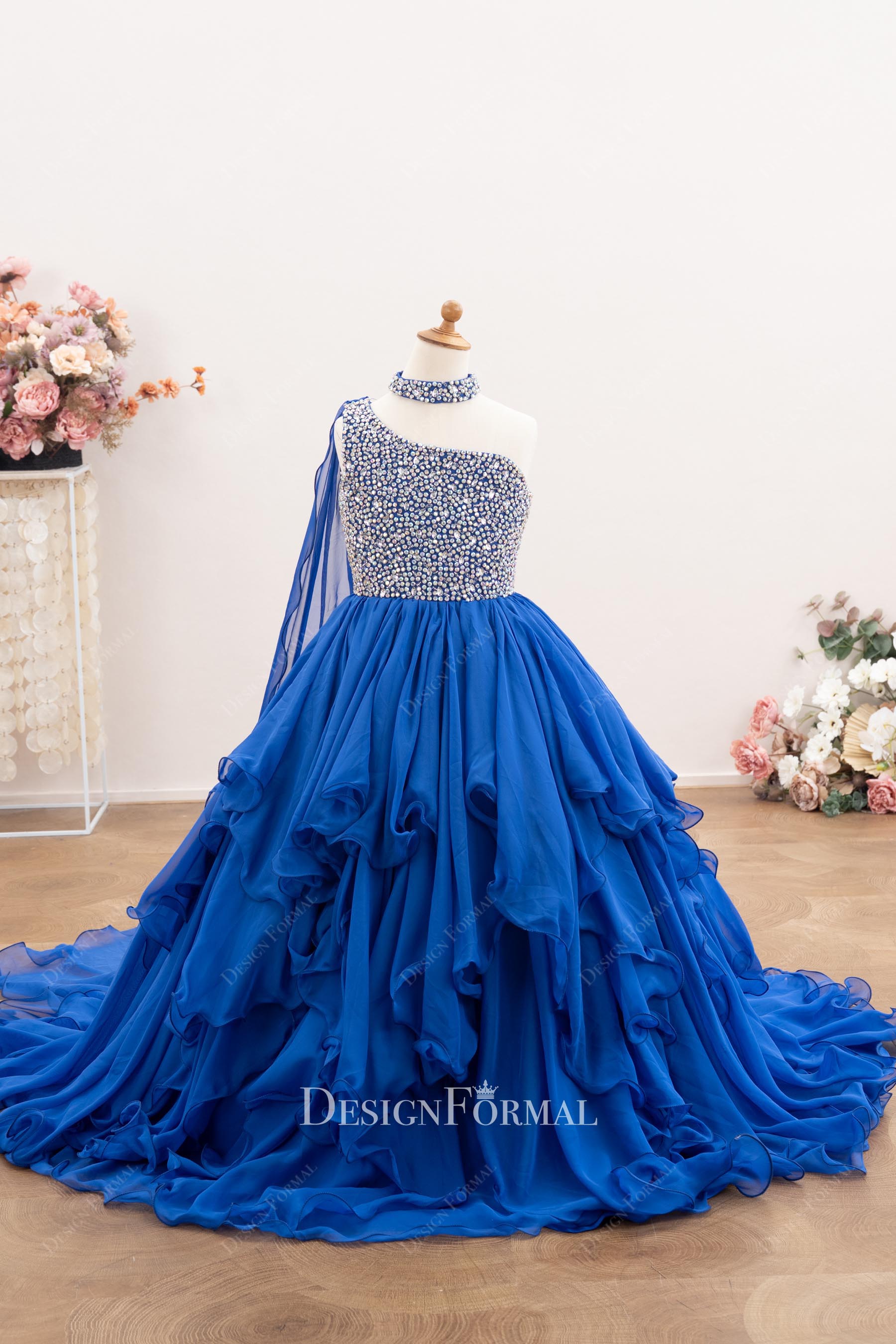 royal blue asymmetrical neck pageant dress