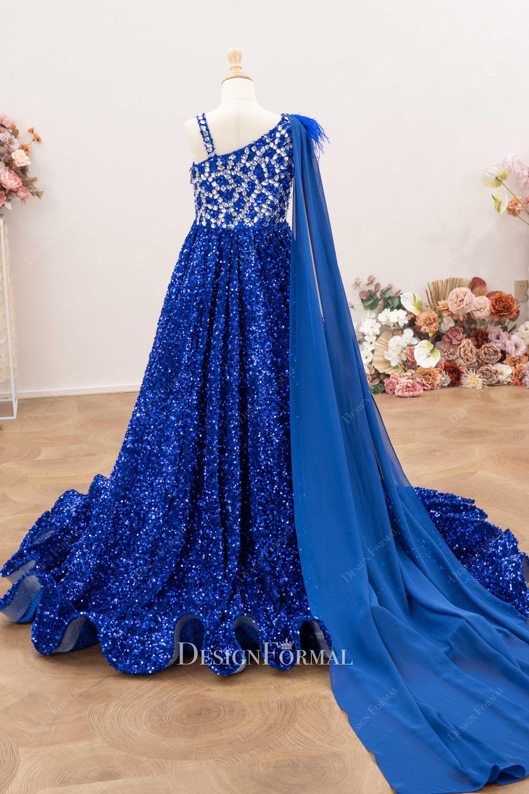 royal blue cape pageant dress