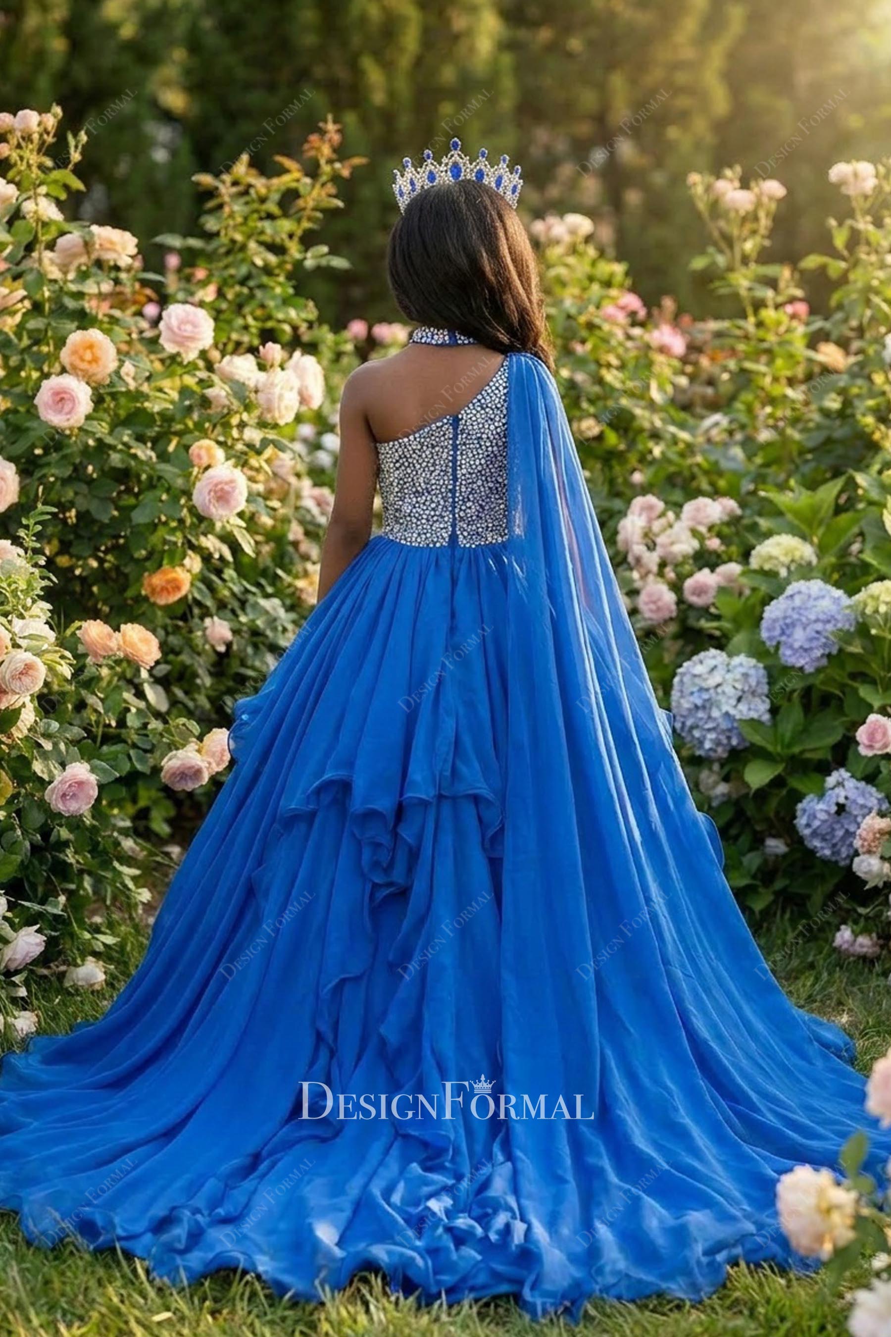 royal blue chiffon court train pageant dress