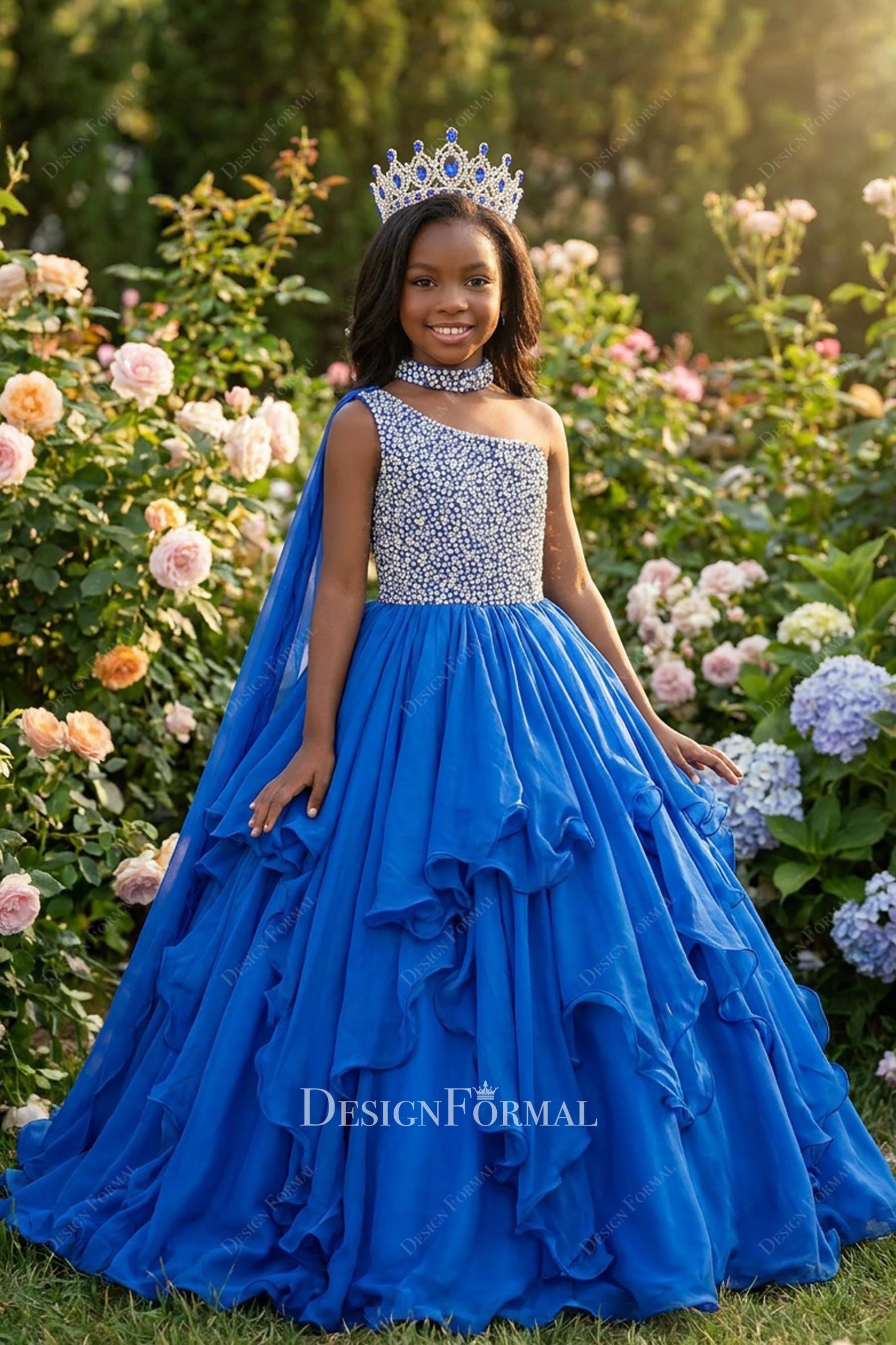 royal blue chiffon kids pageant gown
