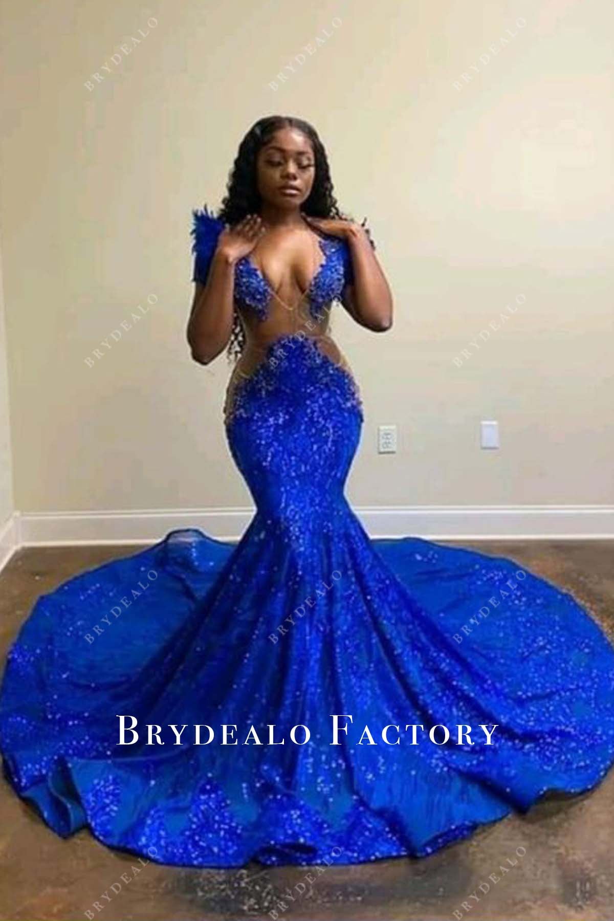 Sparkly Royal Blue Sequin Feather V-neck Mermaid Prom Dress
