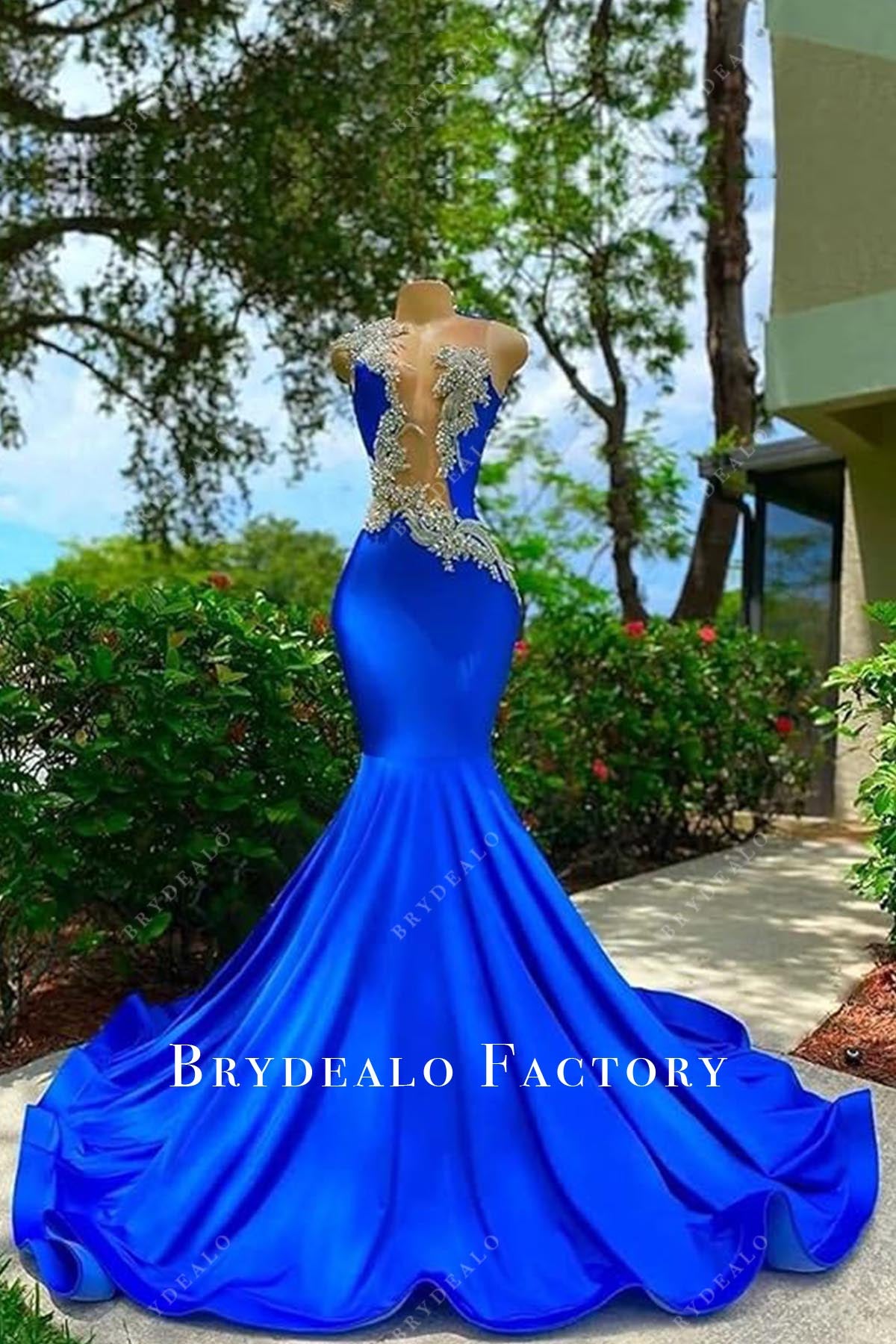 slim fit dress slacks Royal Blue Jersey Trumpet Beaded Illusion Sleeveless Custom Prom Gown