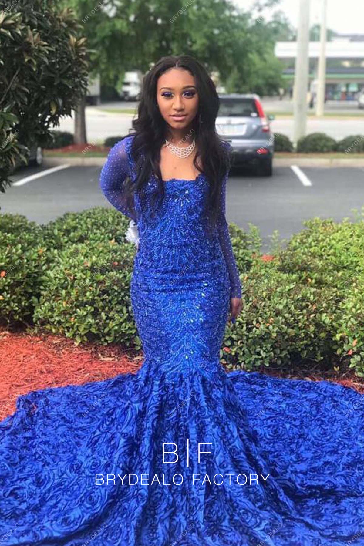 Royal Blue 3D Rose Flowers Trumpet Sleeveless Halter Prom Dress main image 0