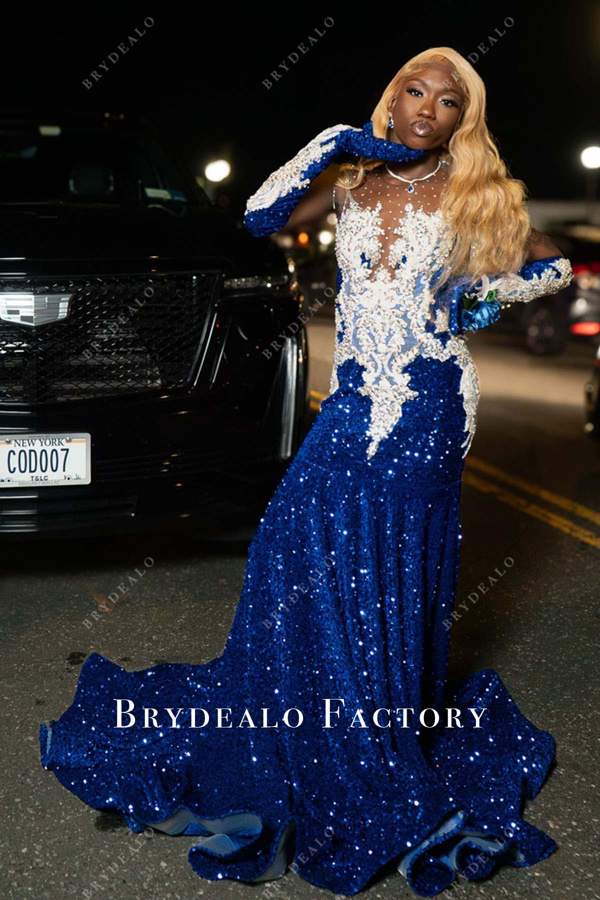 Royal Blue Gloves Shimmer Horsehair Chapel Train Mermaid Prom Dress, Dress Only