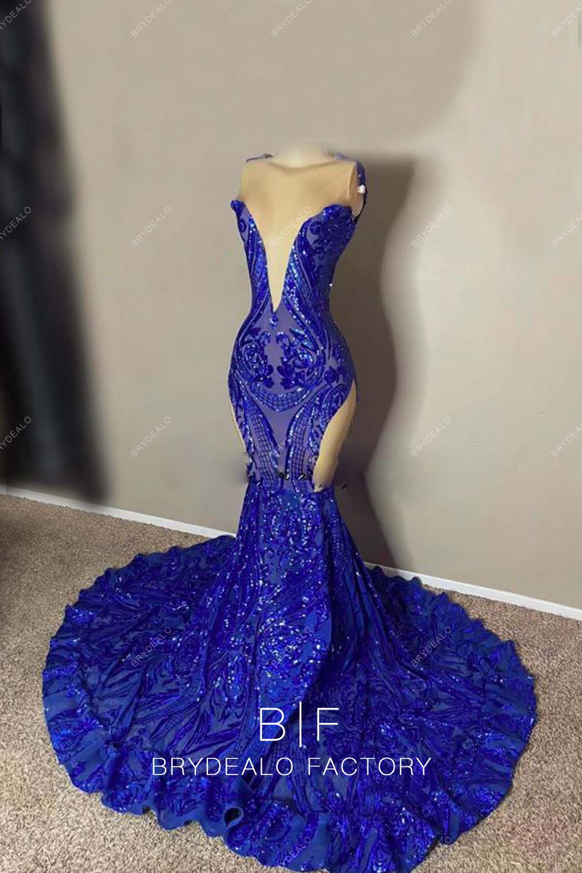 blue glitter dresses Sparkly Mermaid V Neck Royal Blue Sequins Long Prom Dresses with Slit –  Anniebride