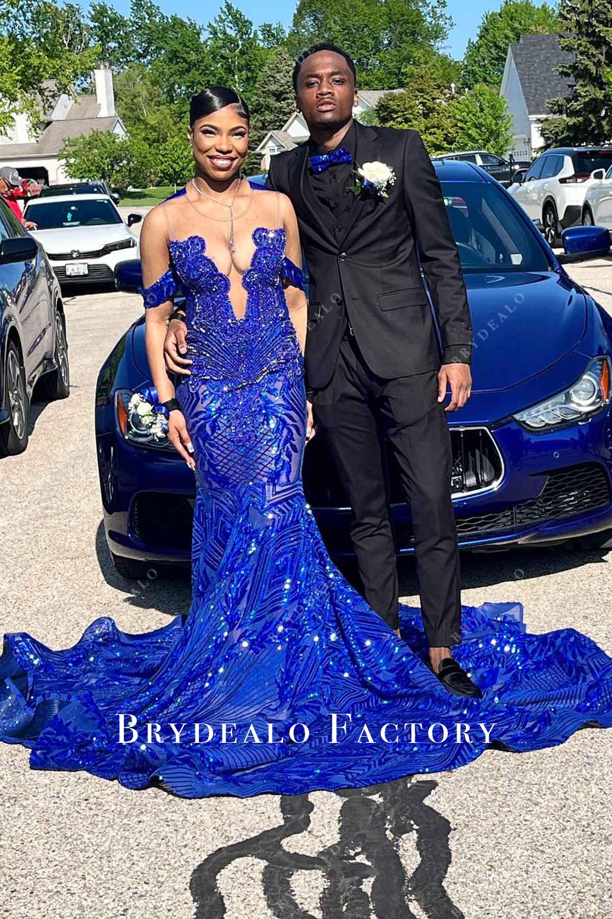 royal blue sequined prom dress