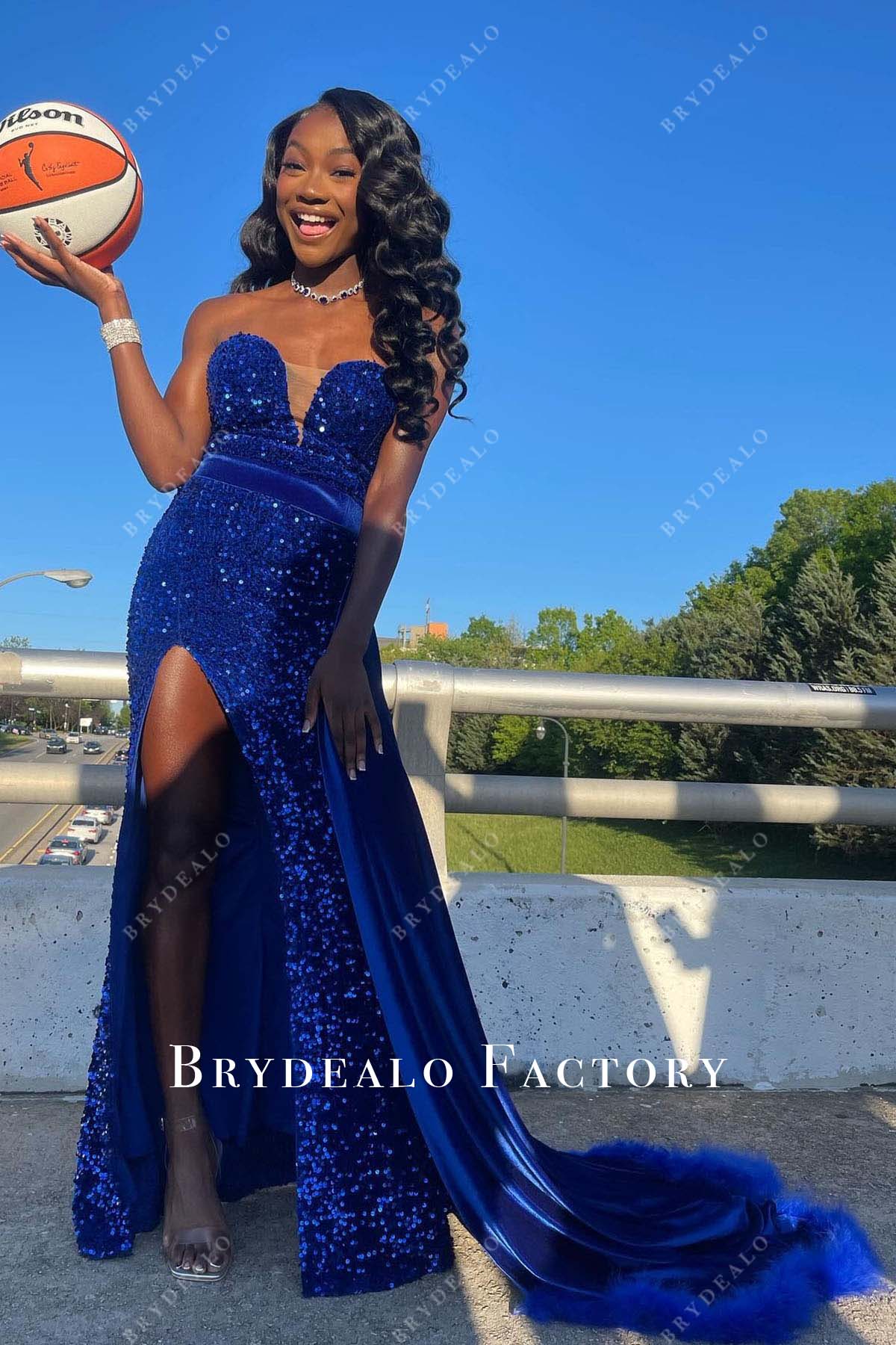 royal blue sequined slit prom dress