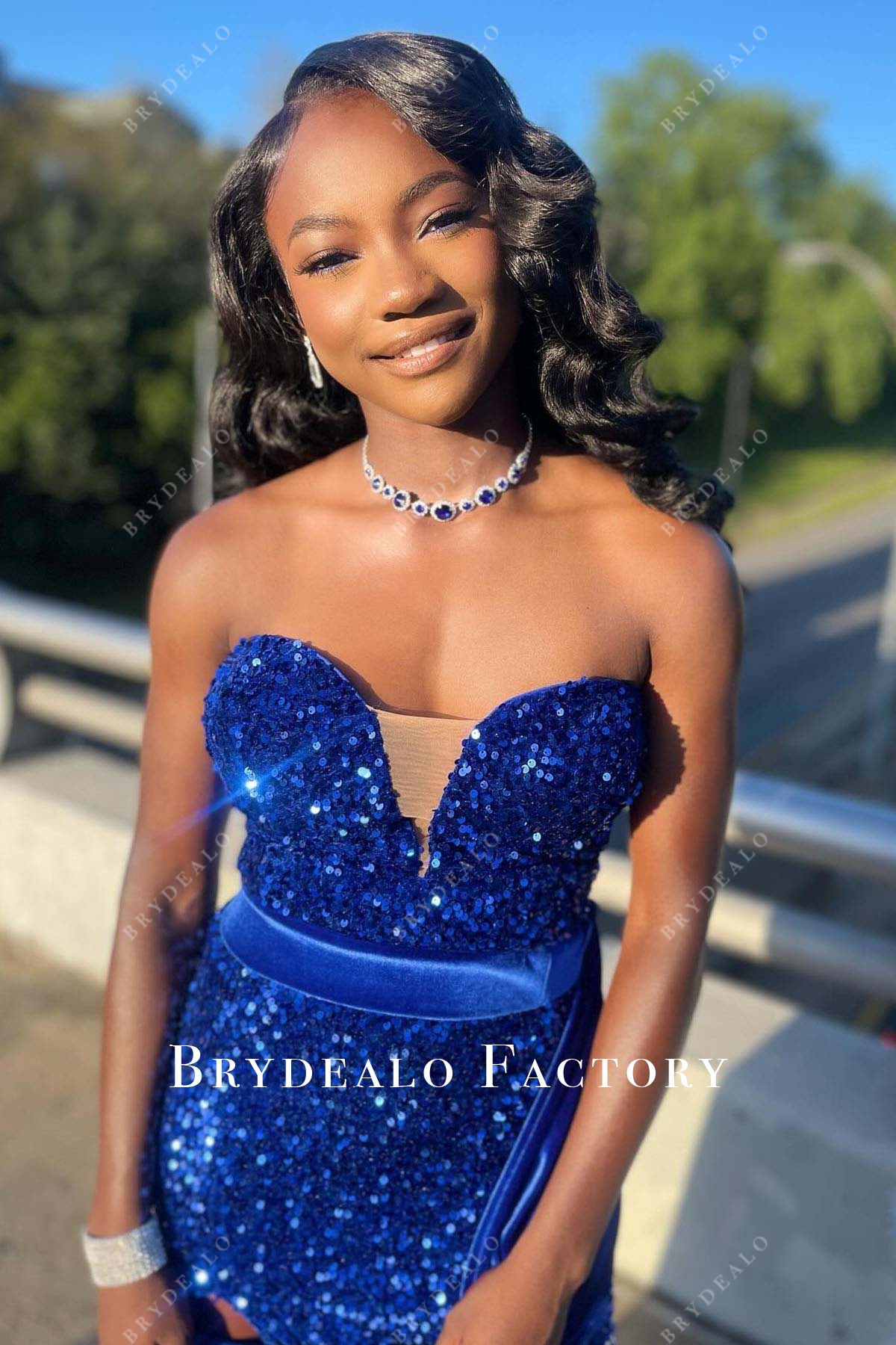 royal blue sequined sweetheart neck prom dress