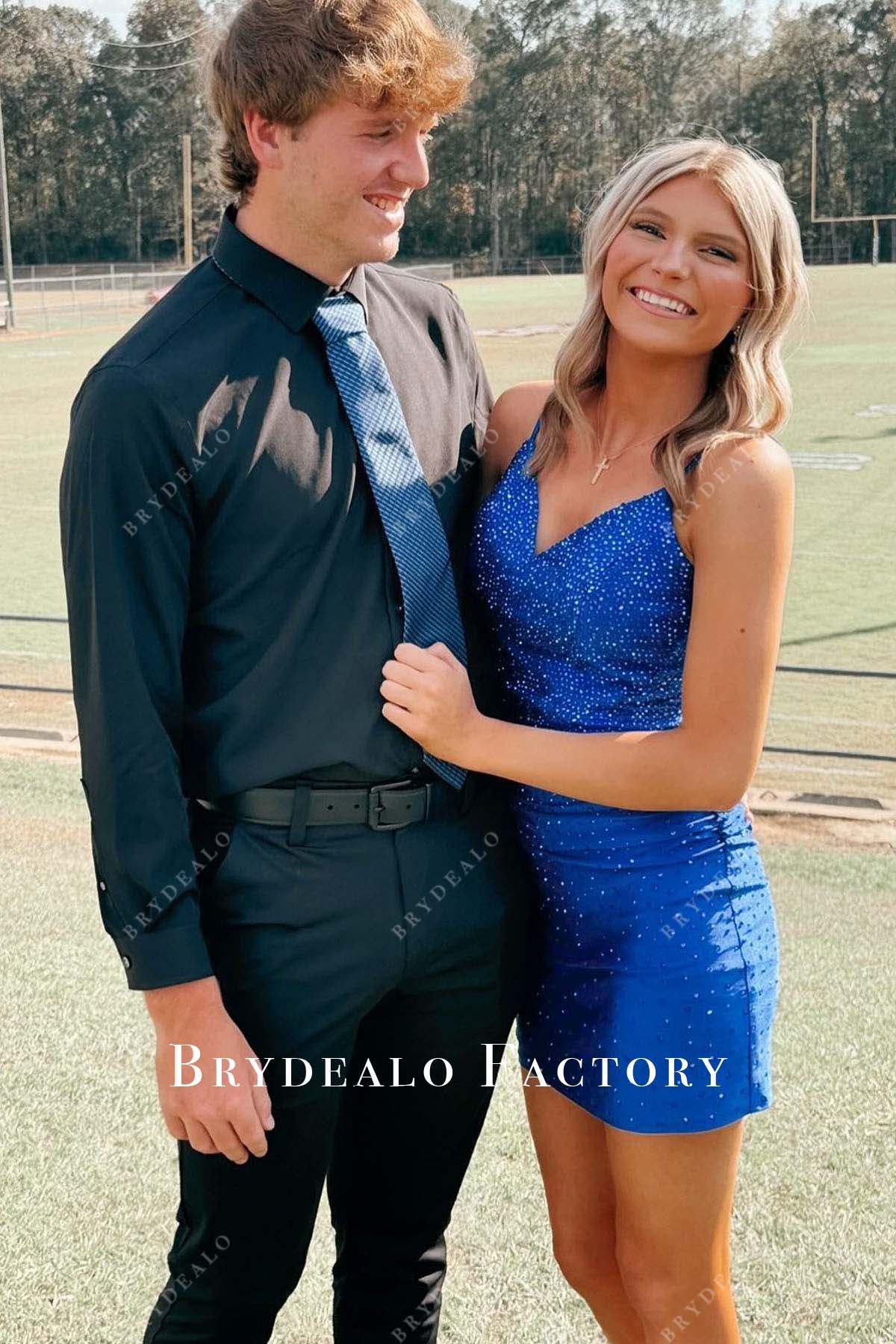 Royal Blue Sequined V-Neck Mini Homecoming Dress