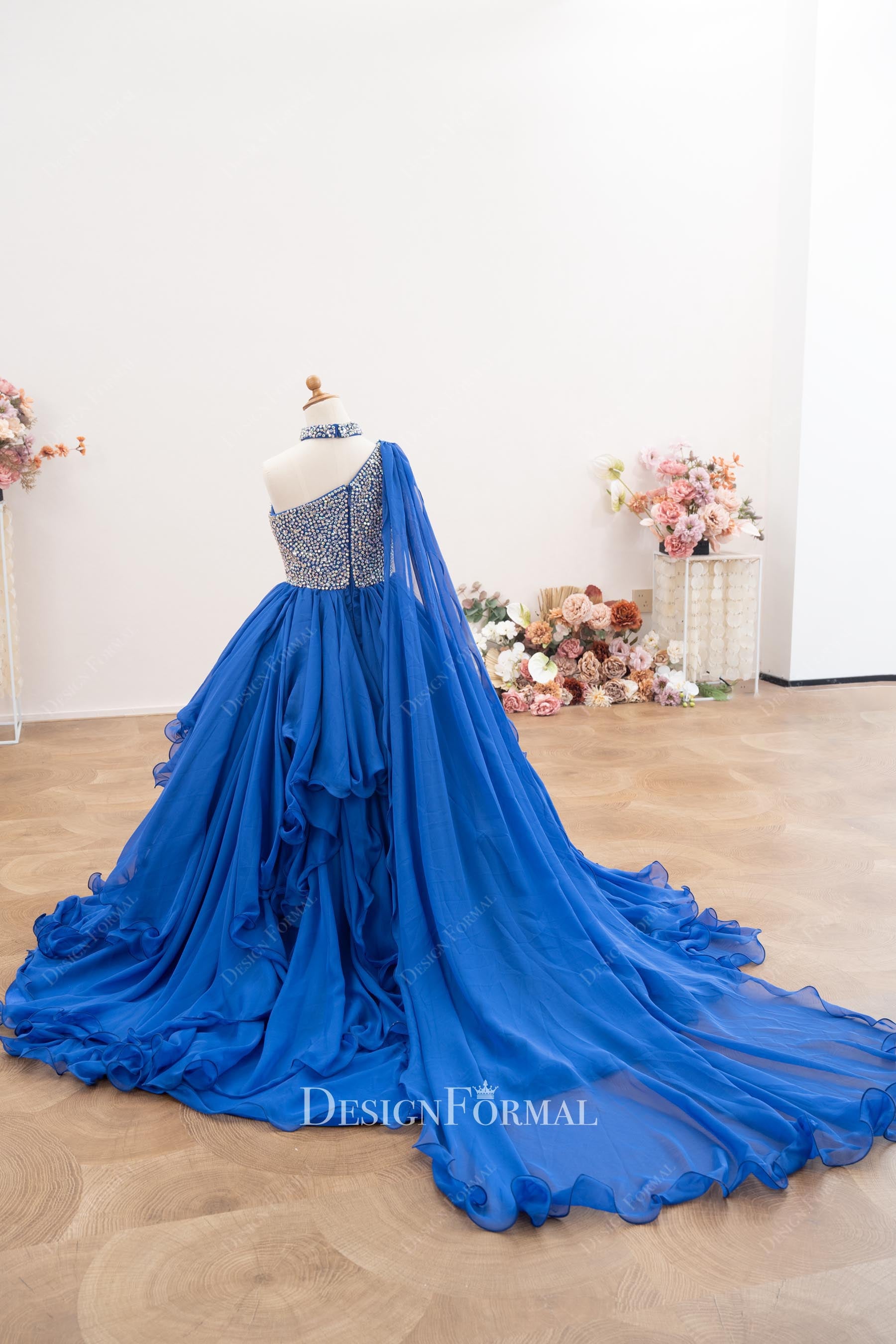 royal blue shoulder veil pageant dress