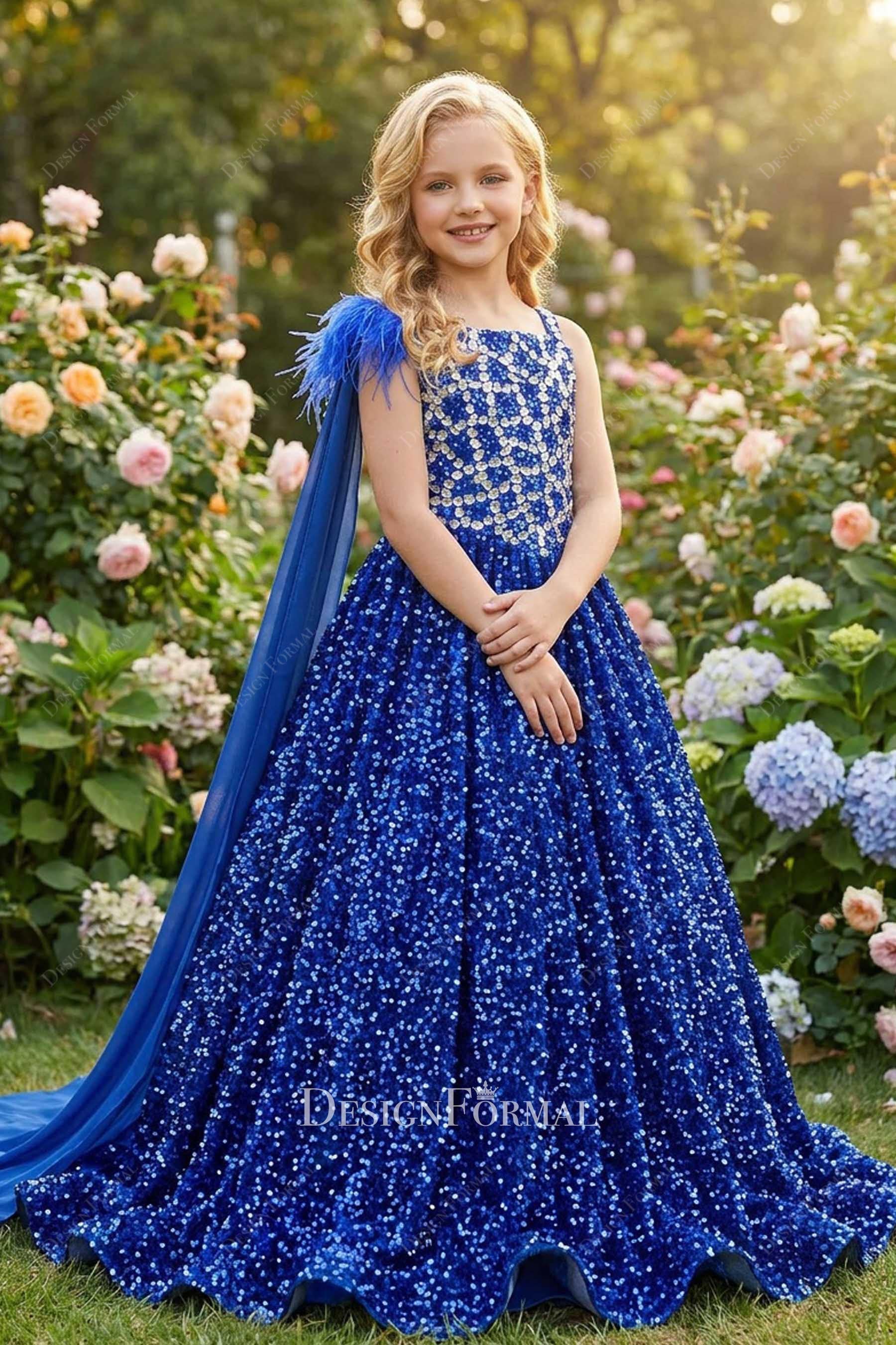 royal blue sparkly glitter a line pageant dress