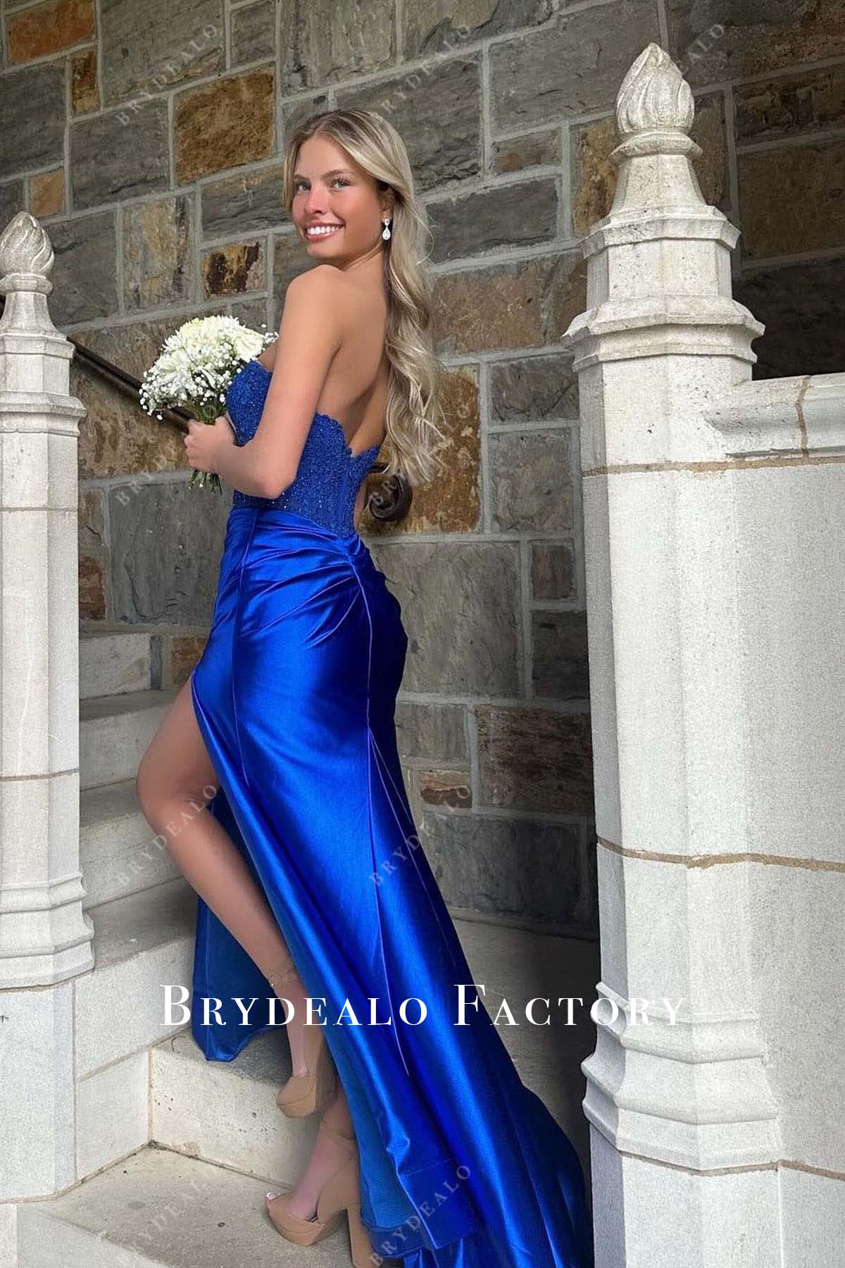 royal blue strapless slit homecoming dress