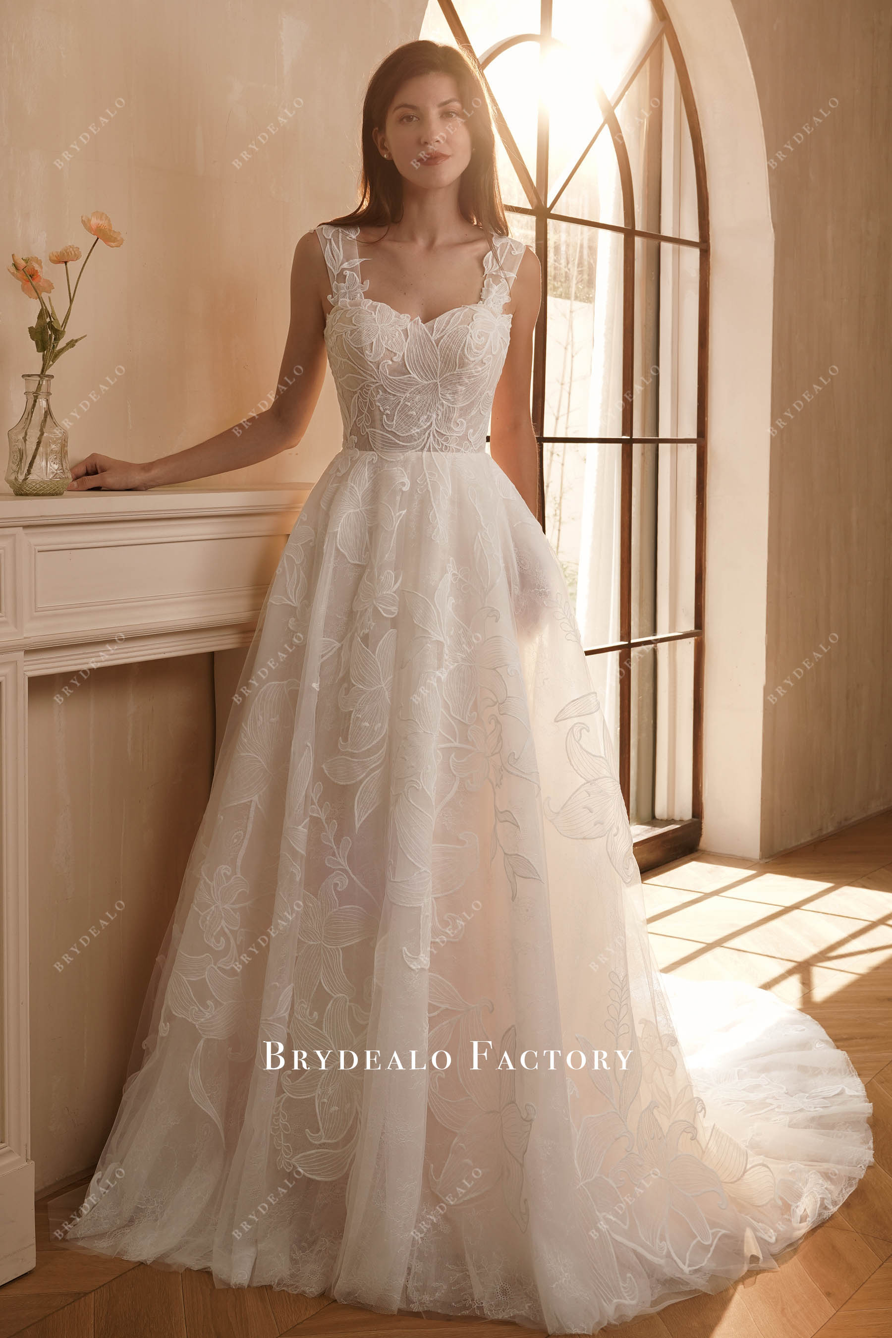 Floral Lace Wide Straps Sweetheart Neck A-Line Wedding Dress, Light Champagne