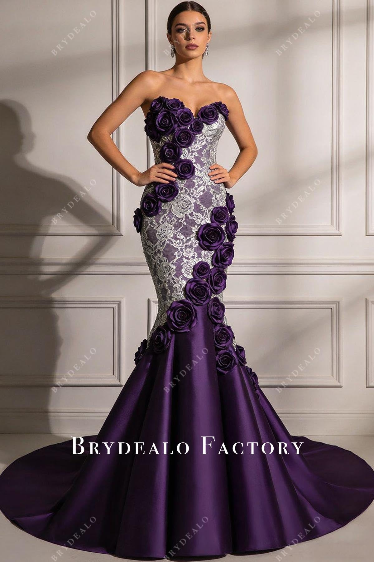 royal purple 3d rose trumpet prom dress
