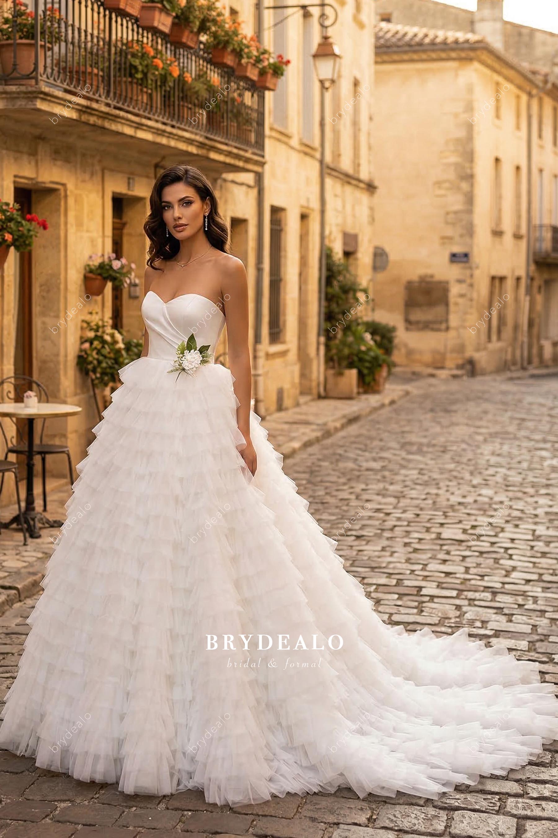 tiered wedding dress RISH Lauren Square-Neck A-Line Lace Gown line wedding dress is designed for modern and stylish brides Drop waist corset bridal gown