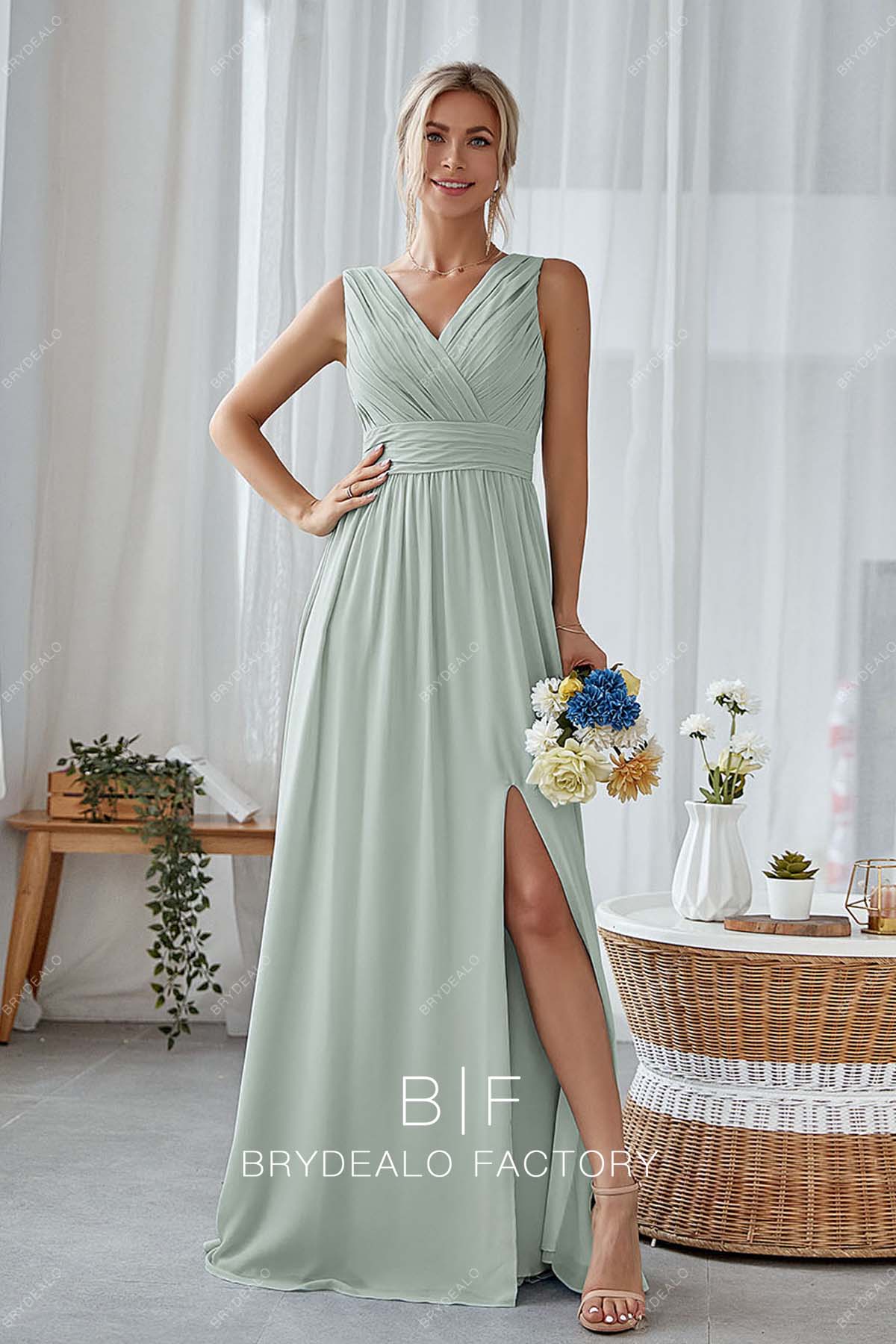 ruched V-neck slit bridesmaid dress
