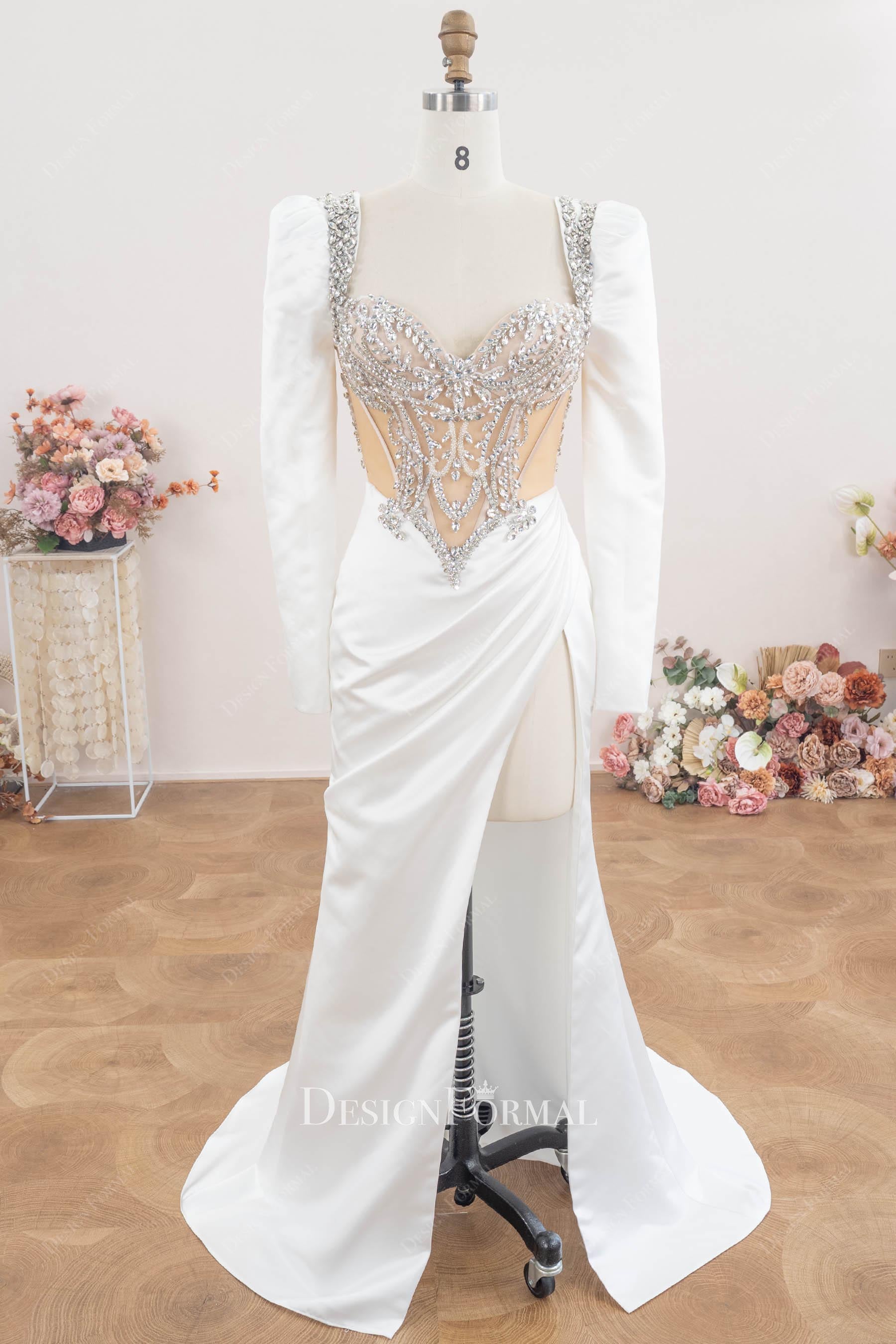 ruched high slit bridal dress