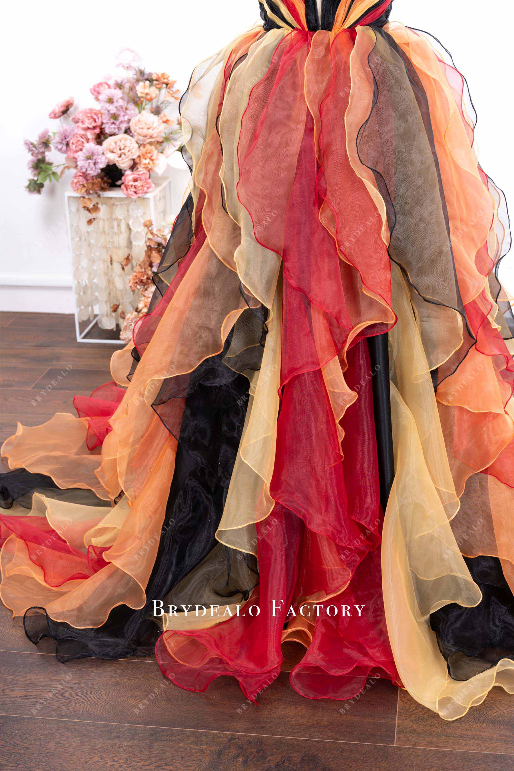 ruffled colorful organza prom gown